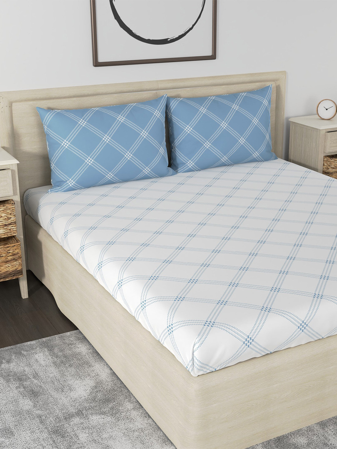 Huesland White Checked Cotton 210 TC King Bedsheet with 2 Pillow Covers 108 x 108 inches
