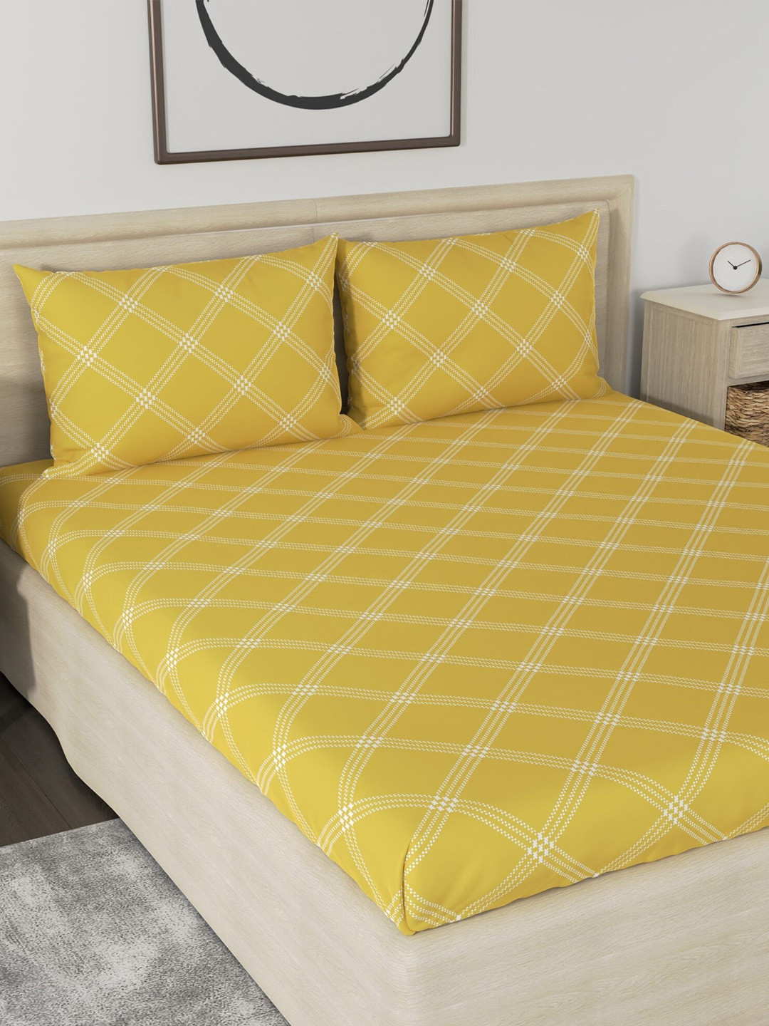 Huesland Aspire Yellow Geometric Cotton 186 TC King Fine Bedsheet with 2 Pillow Covers-87 x 93 inches