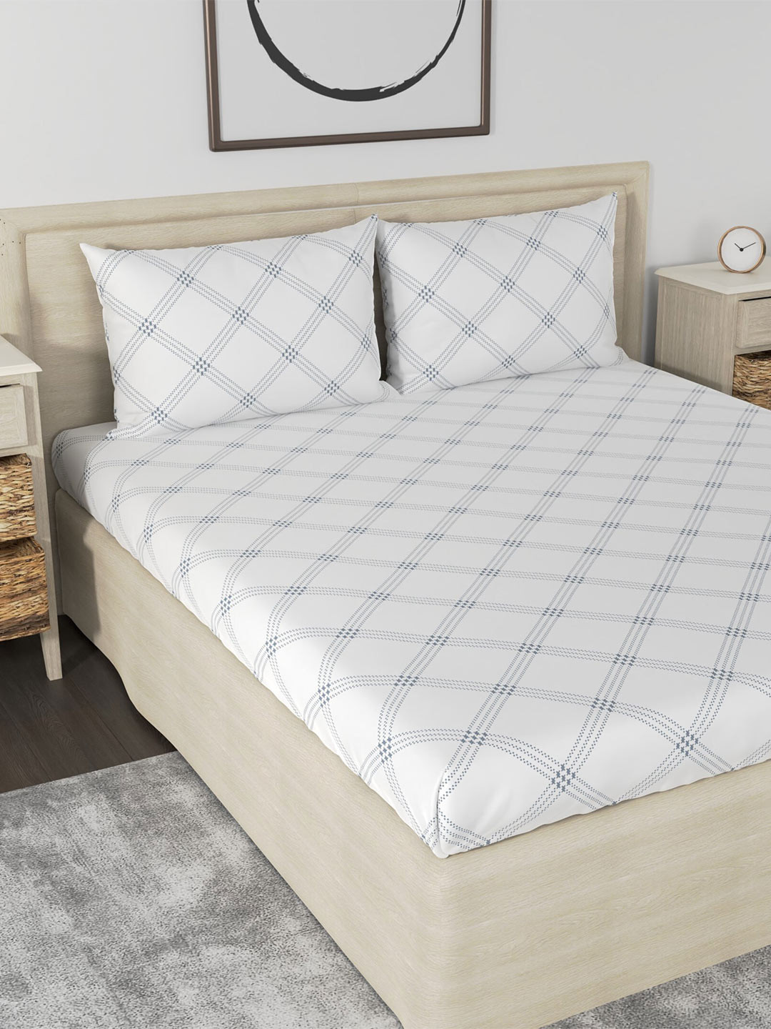 Huesland Vibrant White Geometric Cotton 186 TC Queen Fine Bedsheet with 2 Pillow Covers-243 x 223 cm