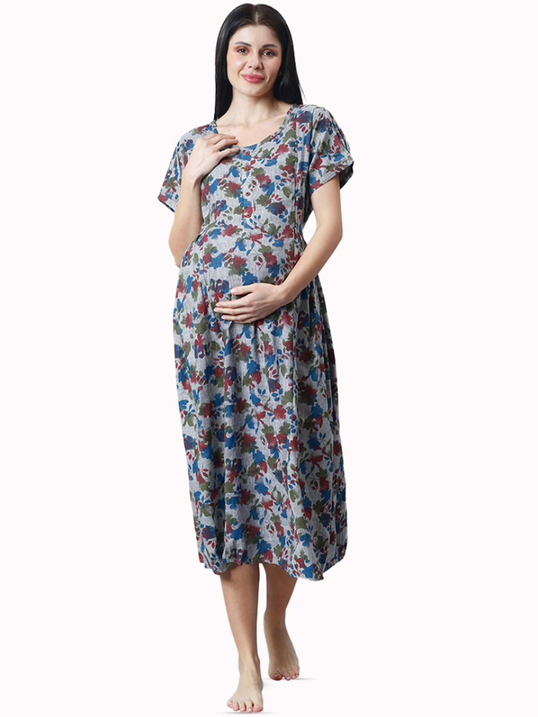 CEE-18 Grey & Red Ethnic Motifs Printed Pure Cotton Maternity Kurti