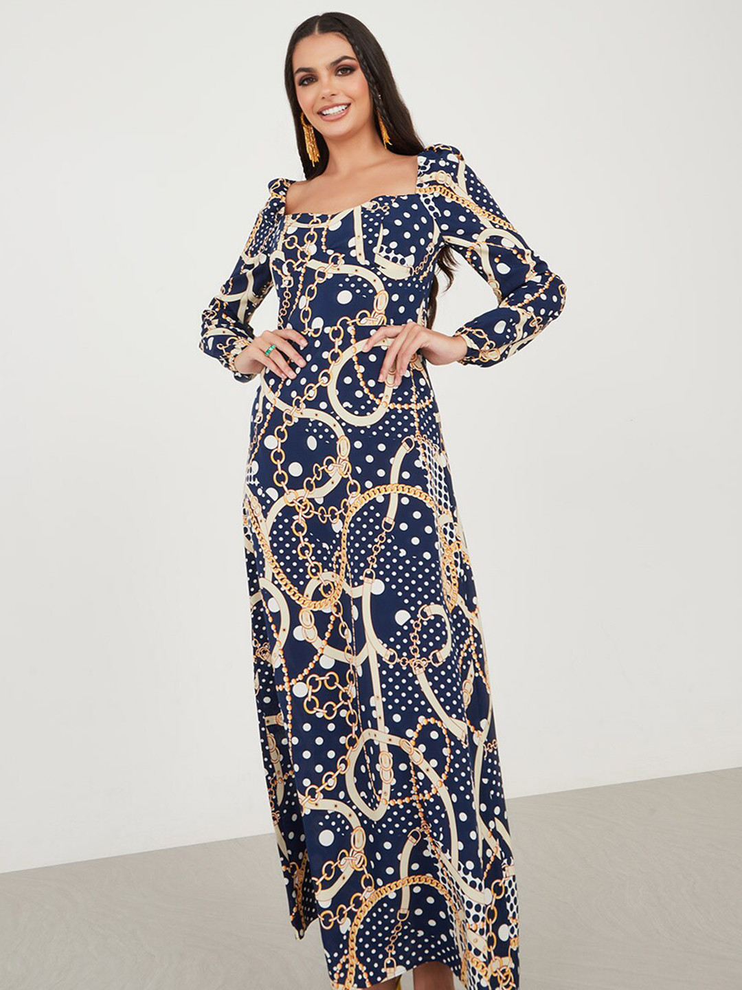 Styli Navy Blue Printed Square Neck Maxi Dress