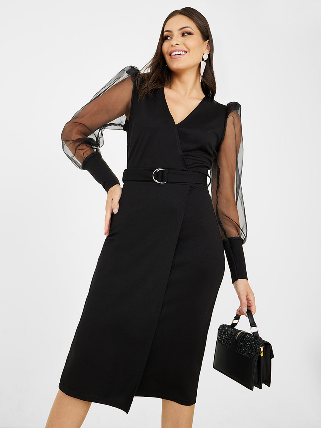 Styli Black Belted Wrap Midi Dress