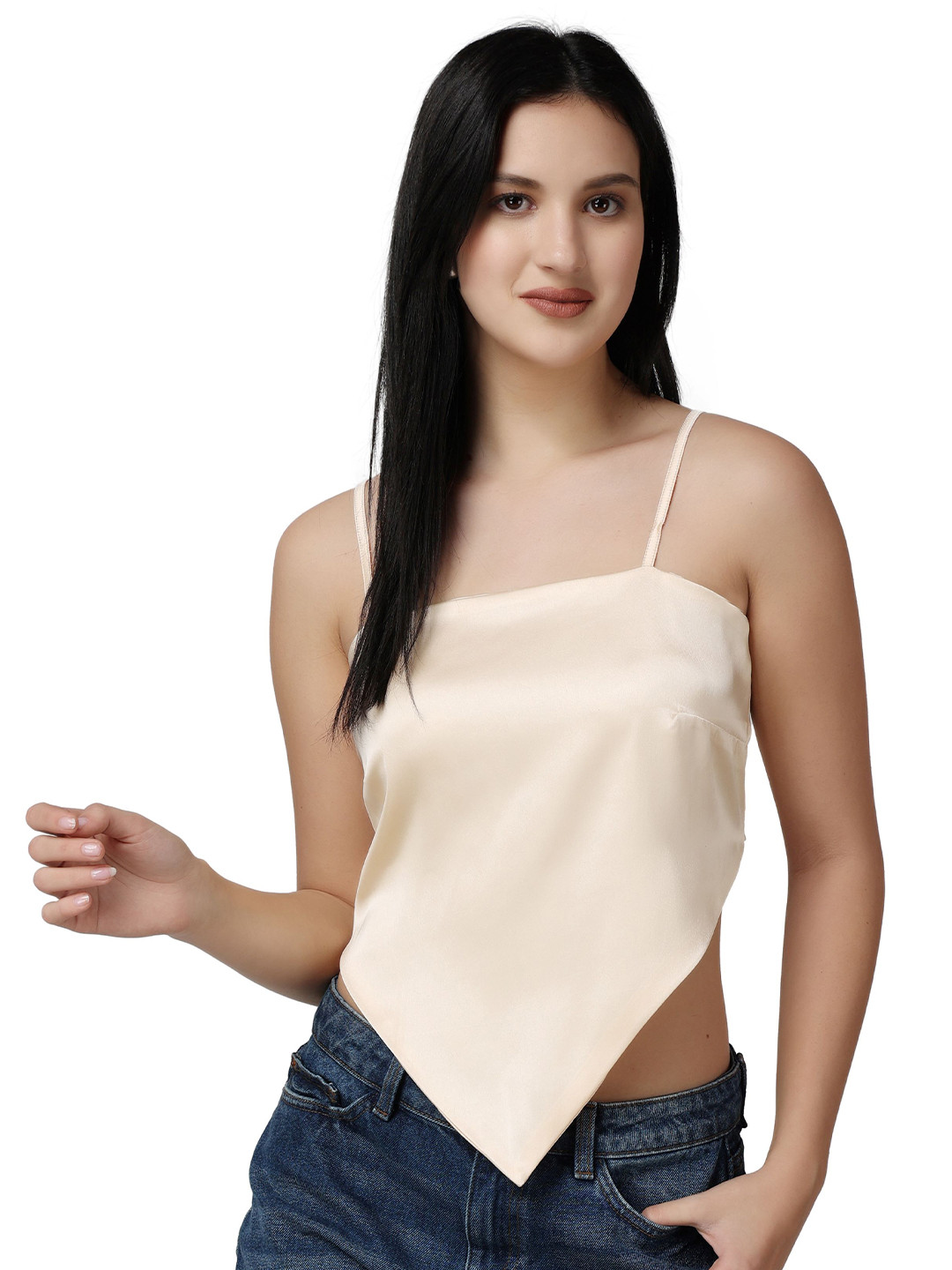 Popwings Shoulder Straps Scarf Knot Knitted Satin Crop Styled Back Top