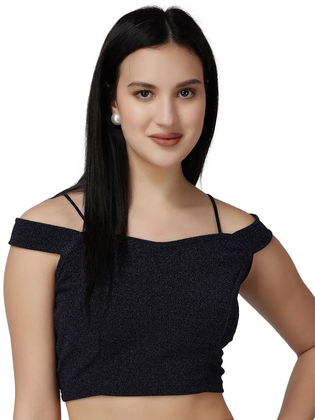 Popwings Off-Shoulder Shimmer Cold-Shoulder Knitted Bardot Crop Top
