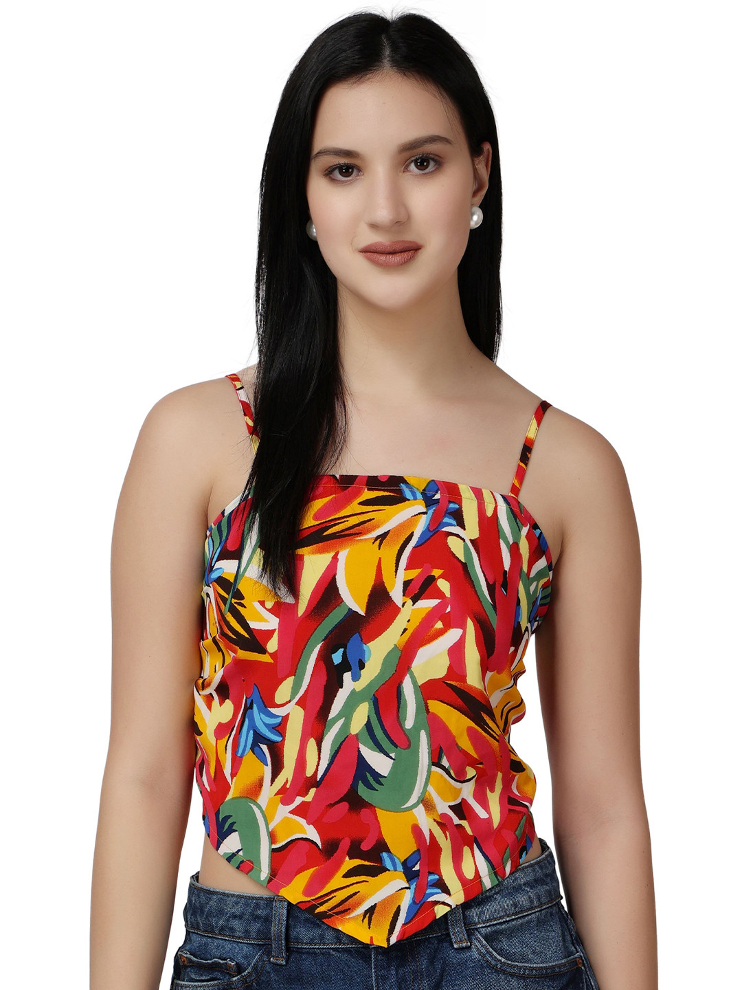 Popwings Floral Printed Shoulder Straps Crop Top
