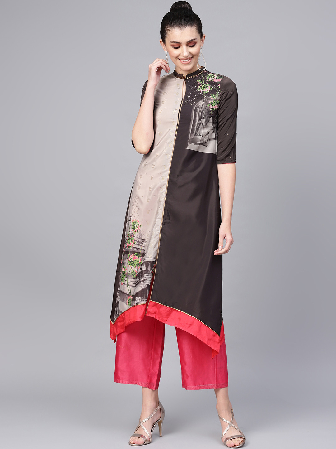 WISHFUL by W Women Grey & Coffee Brown Quirky Print Asymmetric A-Line Kurta