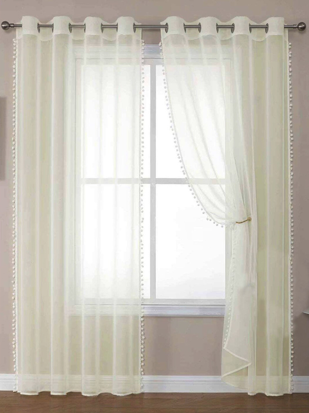 URBAN SPACE Cream-Coloured 2-Pieces Sheer Linen Window Curtains