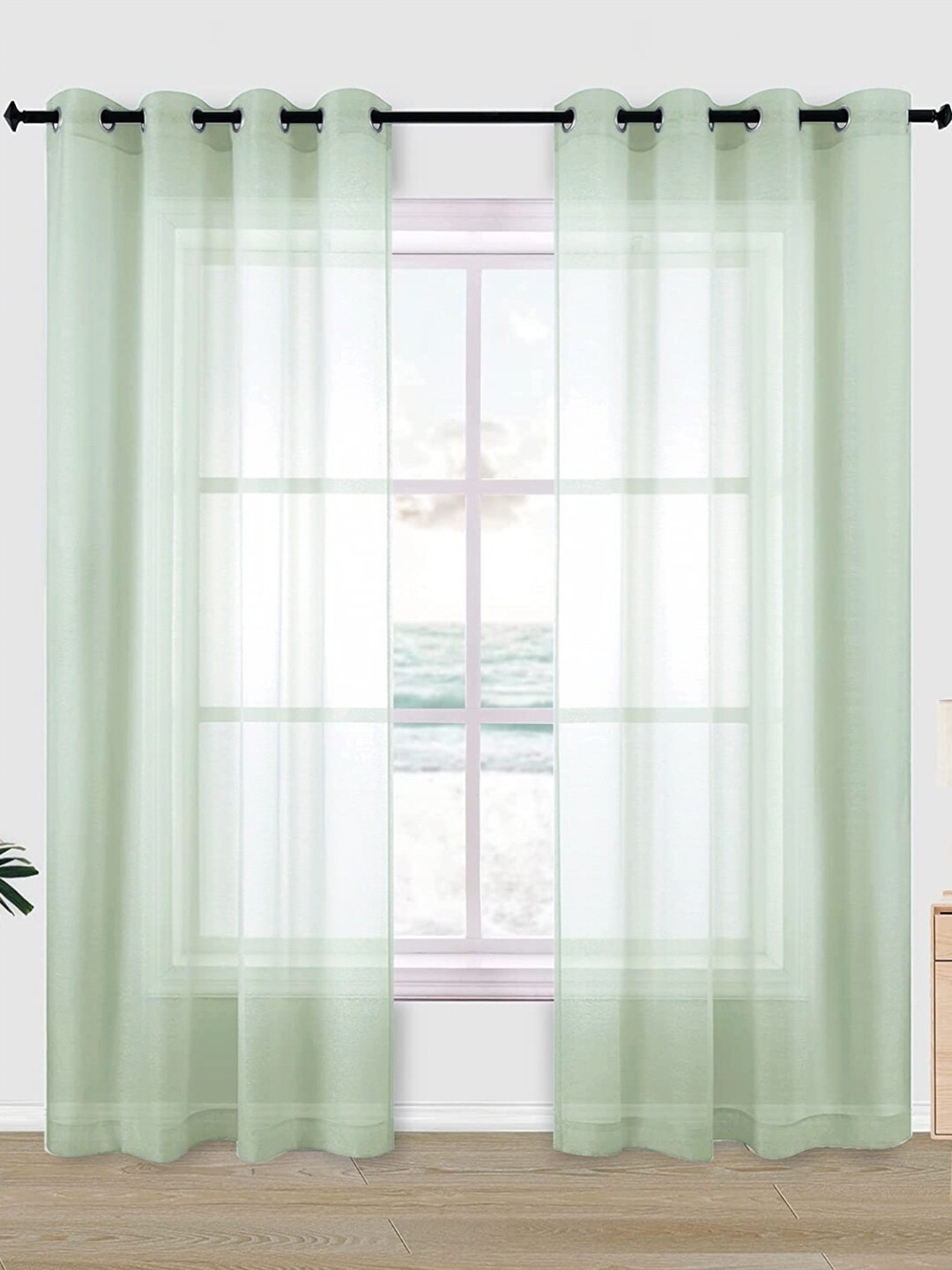 URBAN SPACE Green 2-Pieces Sheer Linen Window Curtains