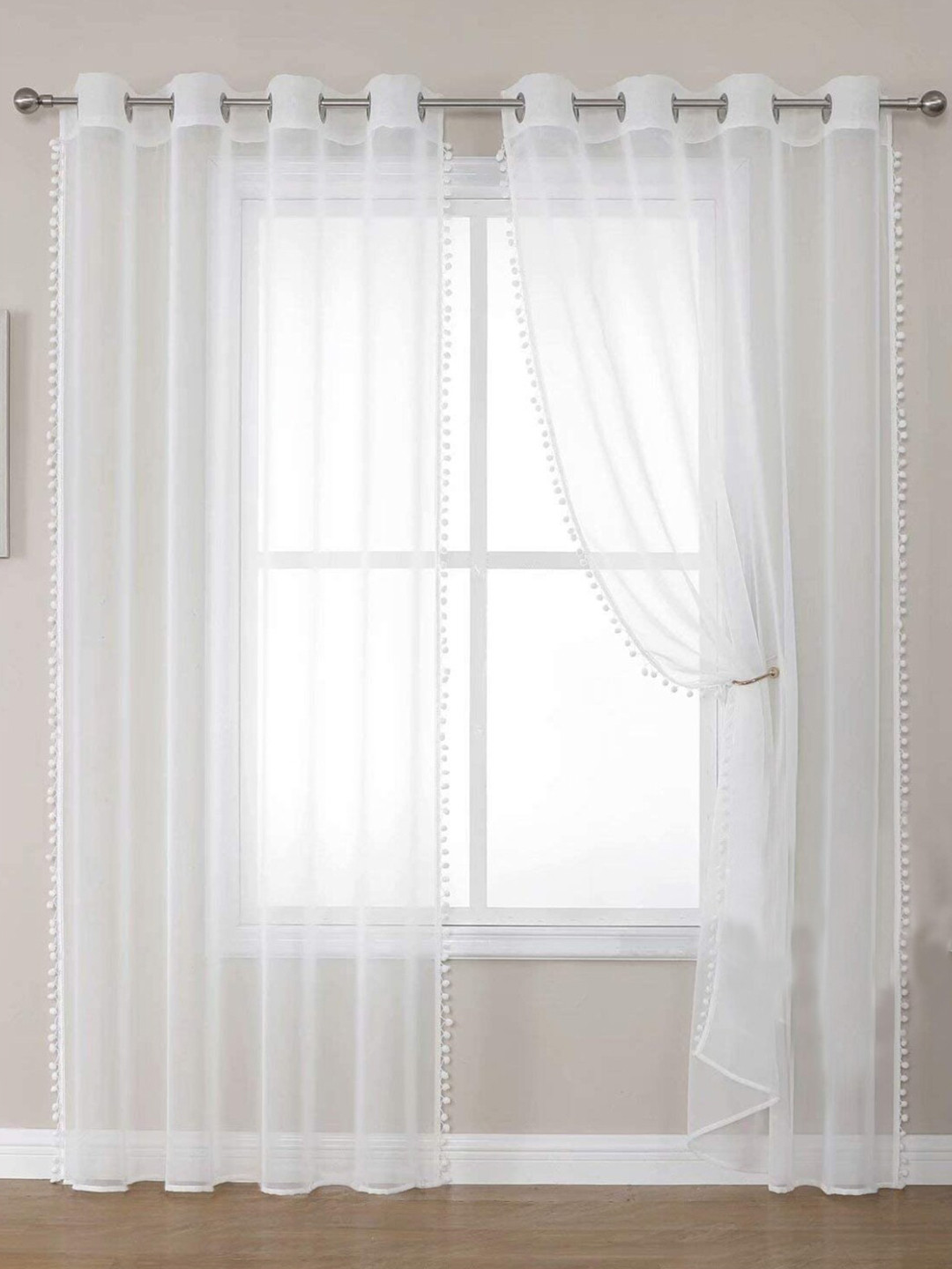 URBAN SPACE White 2-Piece Linen Sheer Window Curtains