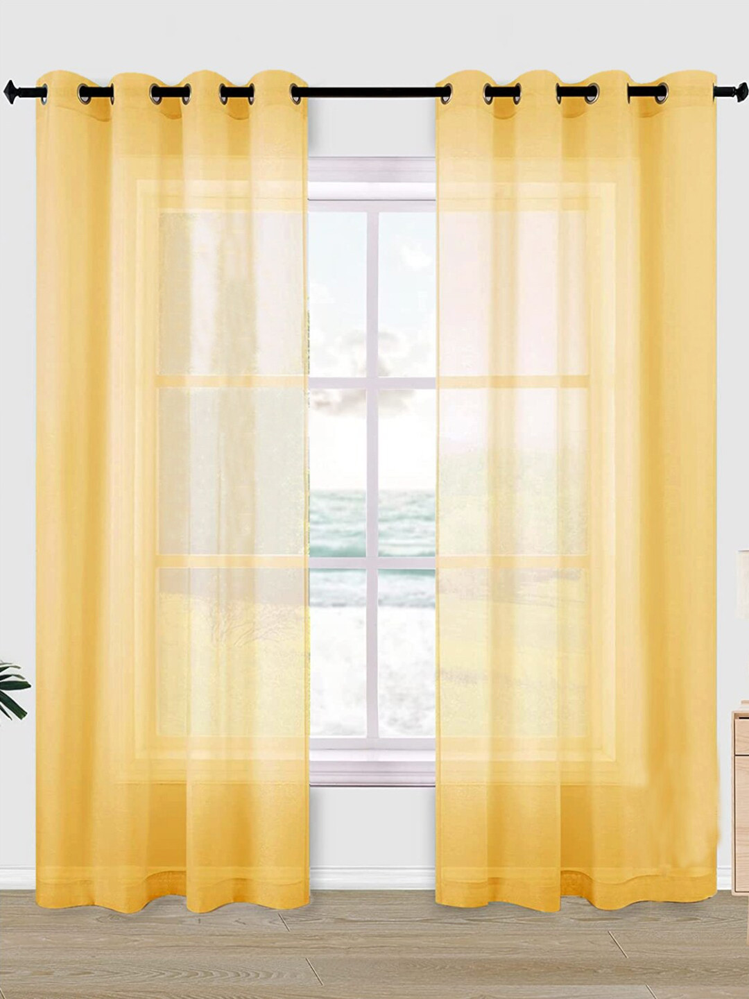 URBAN SPACE Yellow 2-Piece Sheer Window Curtains
