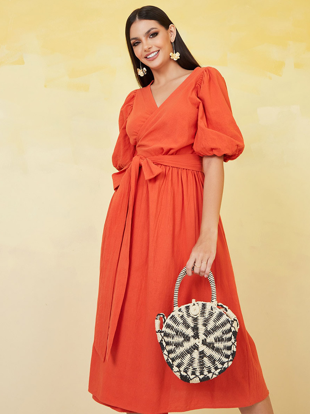 Styli Orange Puff Sleeved Cotton Wrap Midi Dress