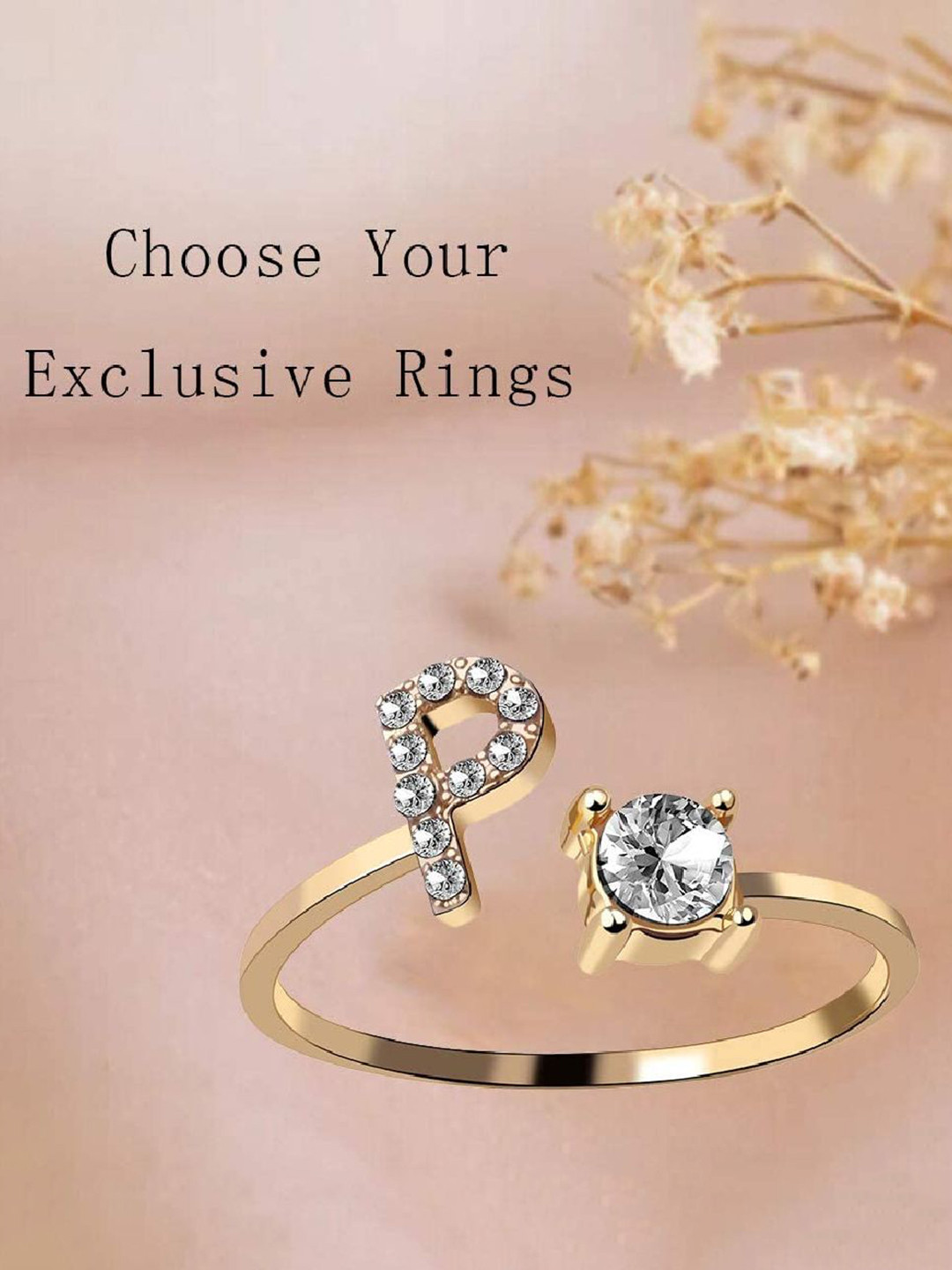 ZIVOM Women Gold-Plated Cubic Zirconia-Studded Initial P Copper Finger Ring