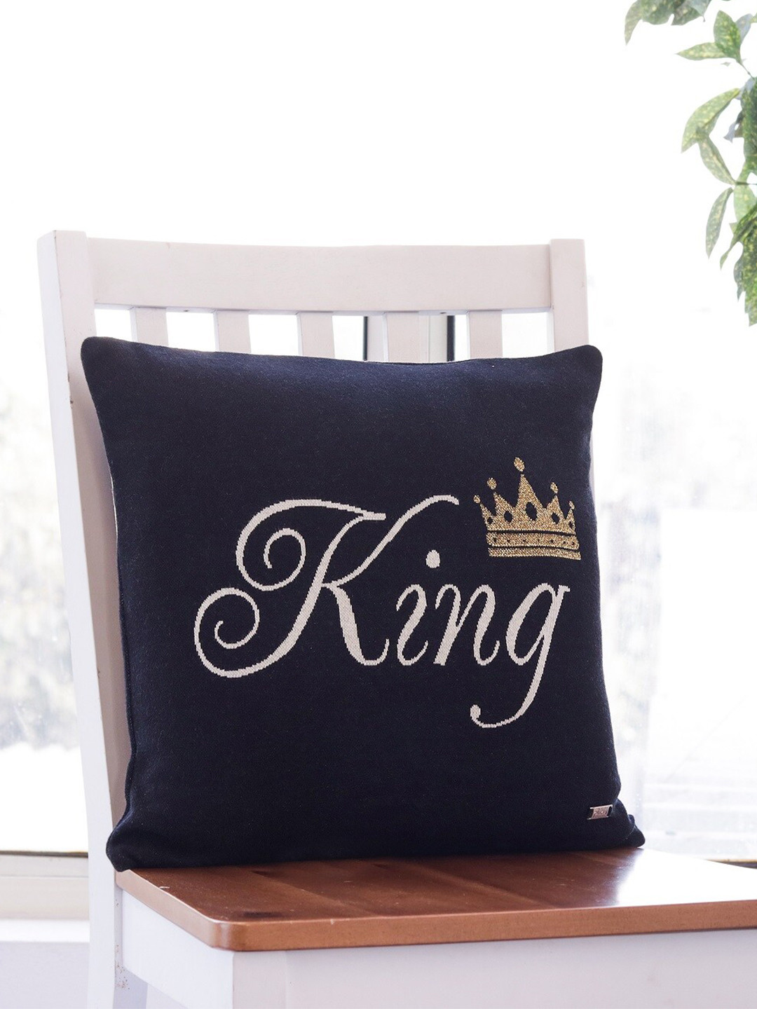 Pluchi King Queen Knitted Typography Cotton 2 Pcs Cushion Covers - 15.7 x 15.7 In