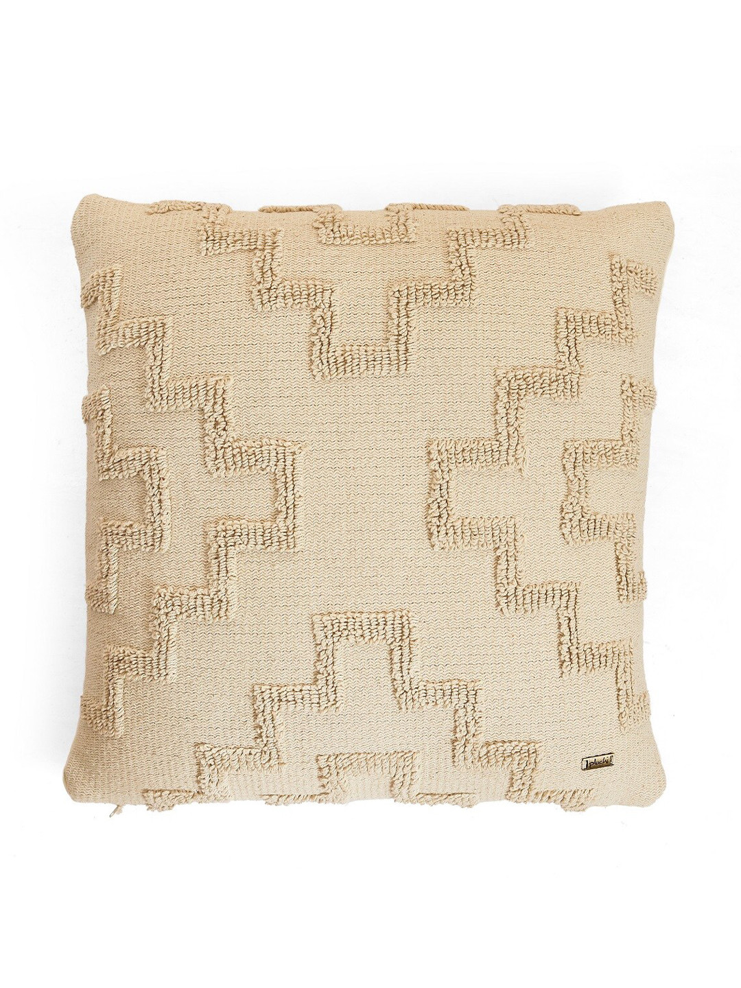 Pluchi Beige Geometric Cotton Breathable Textured Square Cushion Cover -18x18In