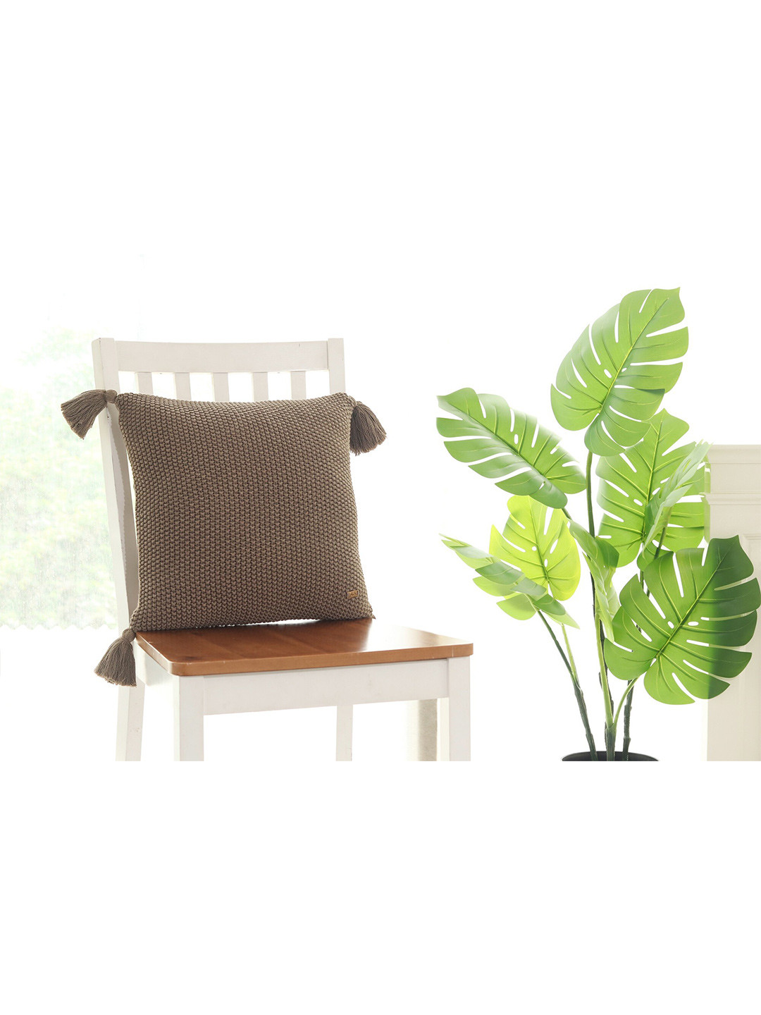 Pluchi Brown Self Design Cotton Breathable Textured Cushion Cover - 15.7 x 15.7 Inches