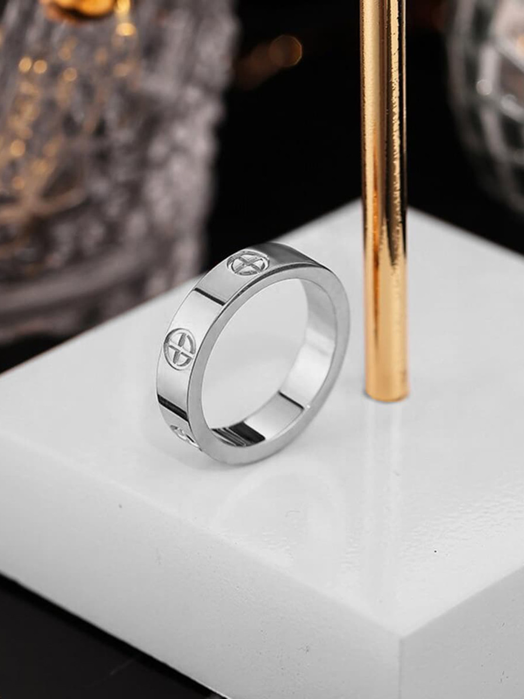 ZIVOM Silver-Plated Stainless Steel Stone Studded Band Finger Ring