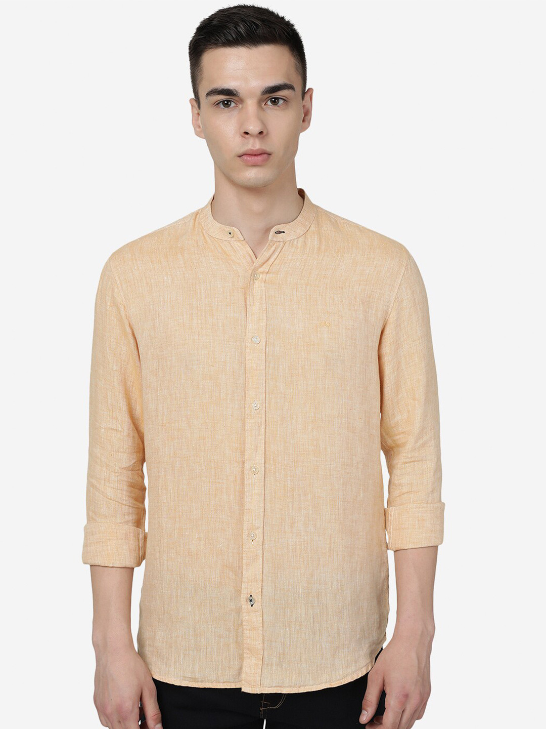 JADE BLUE Band Collar Long Sleeves Slim Fit Linen Casual Shirt