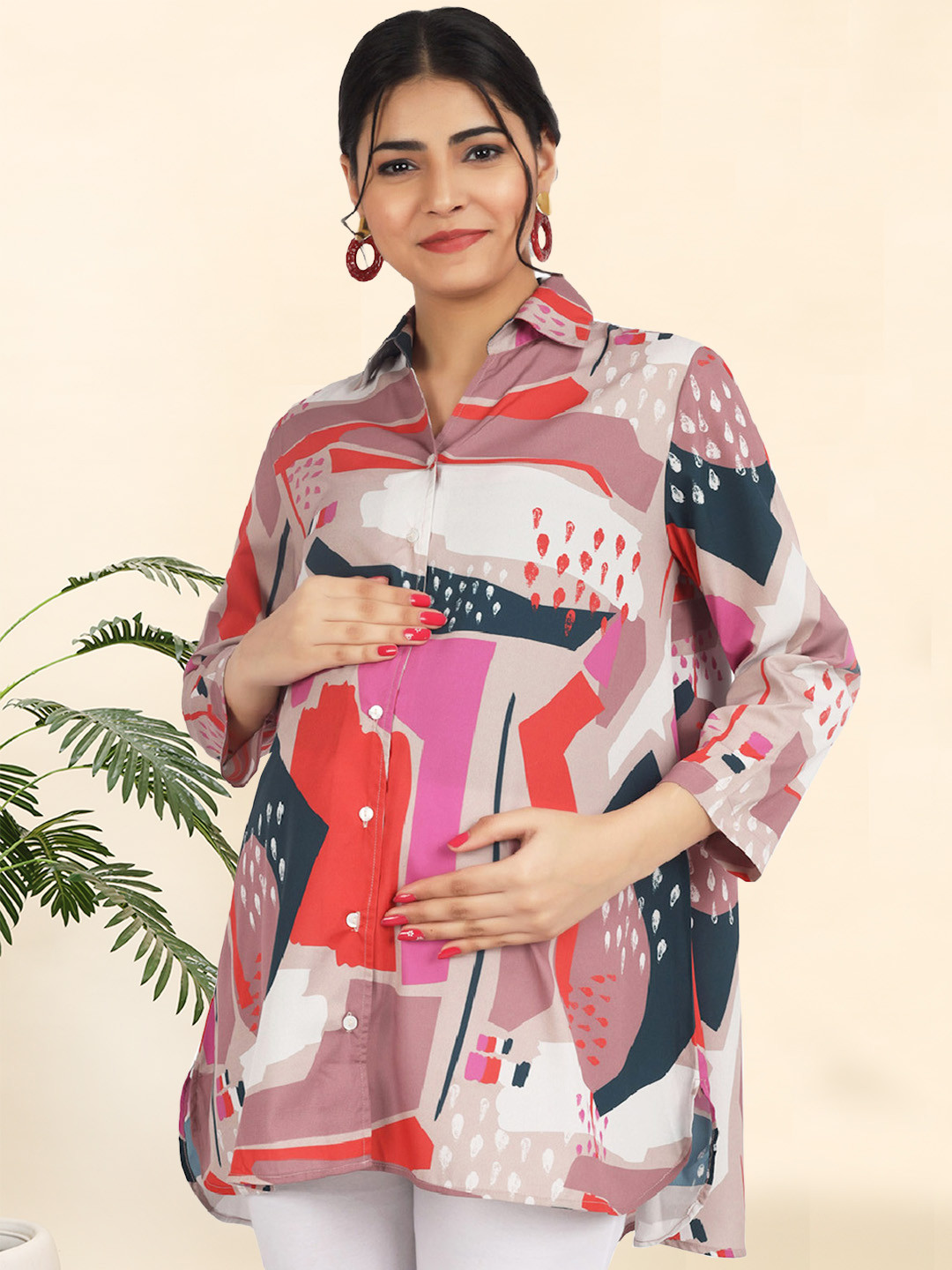angloindu Abstract Printed Three-Quarter Sleeves Shirt Style Maternity Top