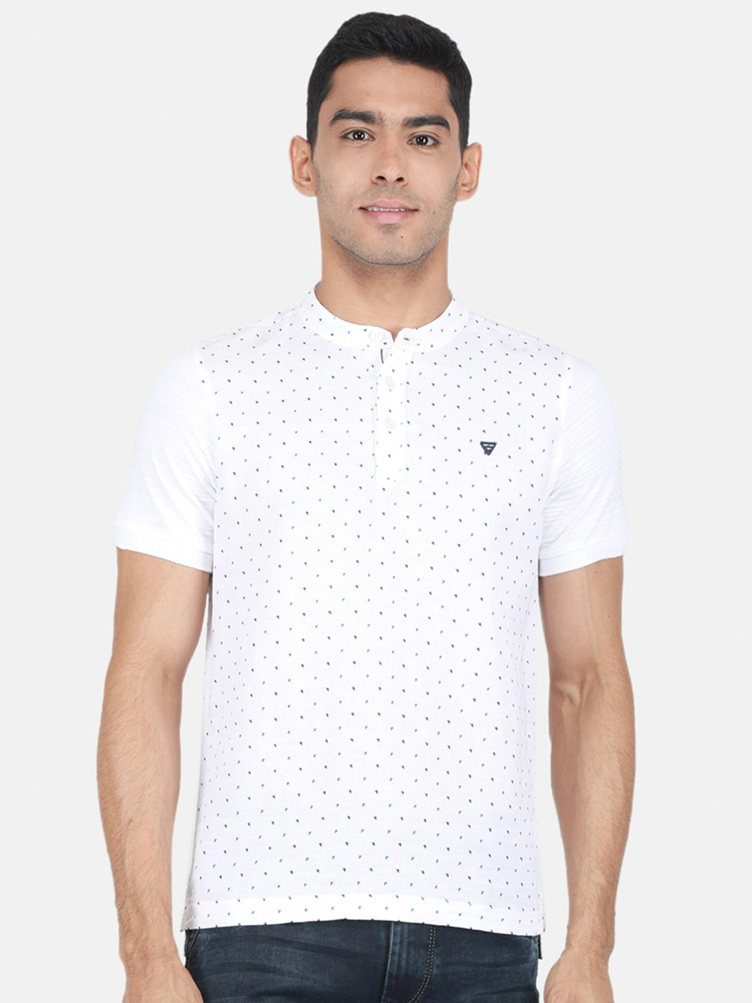 Monte Carlo Micro-Ditsy Printed Henley Neck Regular Fit Cotton T-Shirt