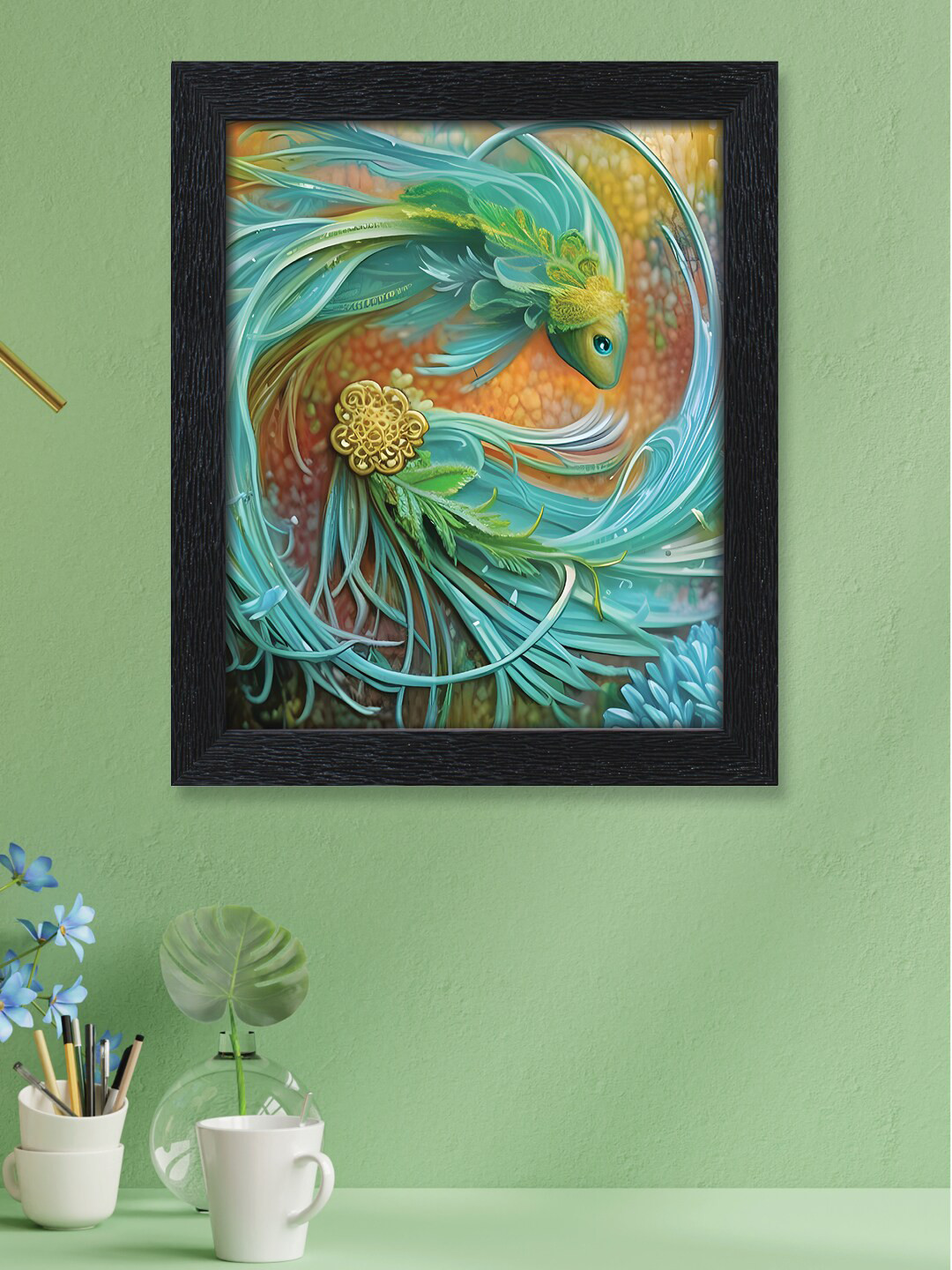 nest ART Blue & Green Beautiful Fish Printed Painted Framed Wall Art