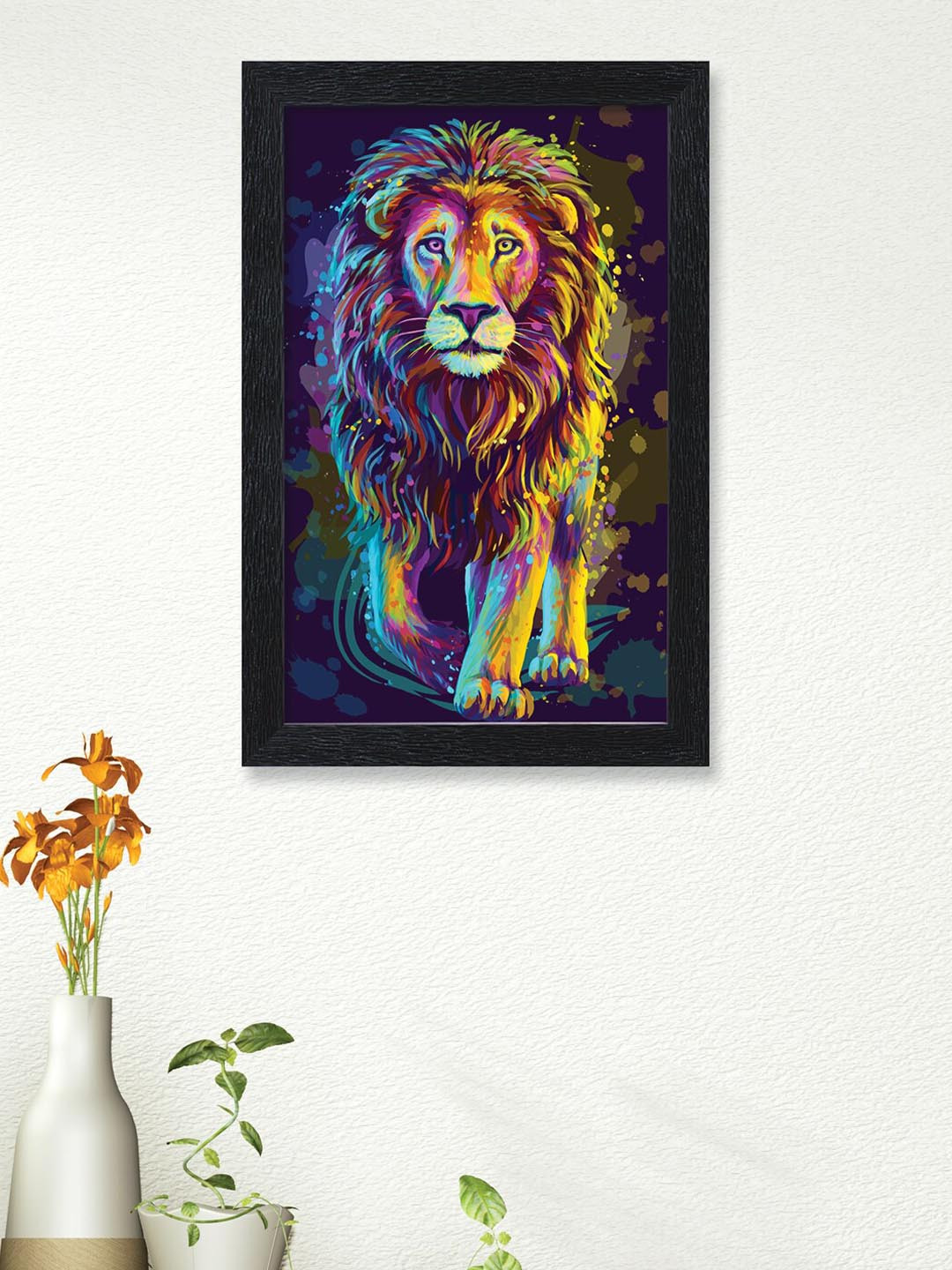 nest ART Blue & Yellow Beautiful Lion Printed Framed Wall Art