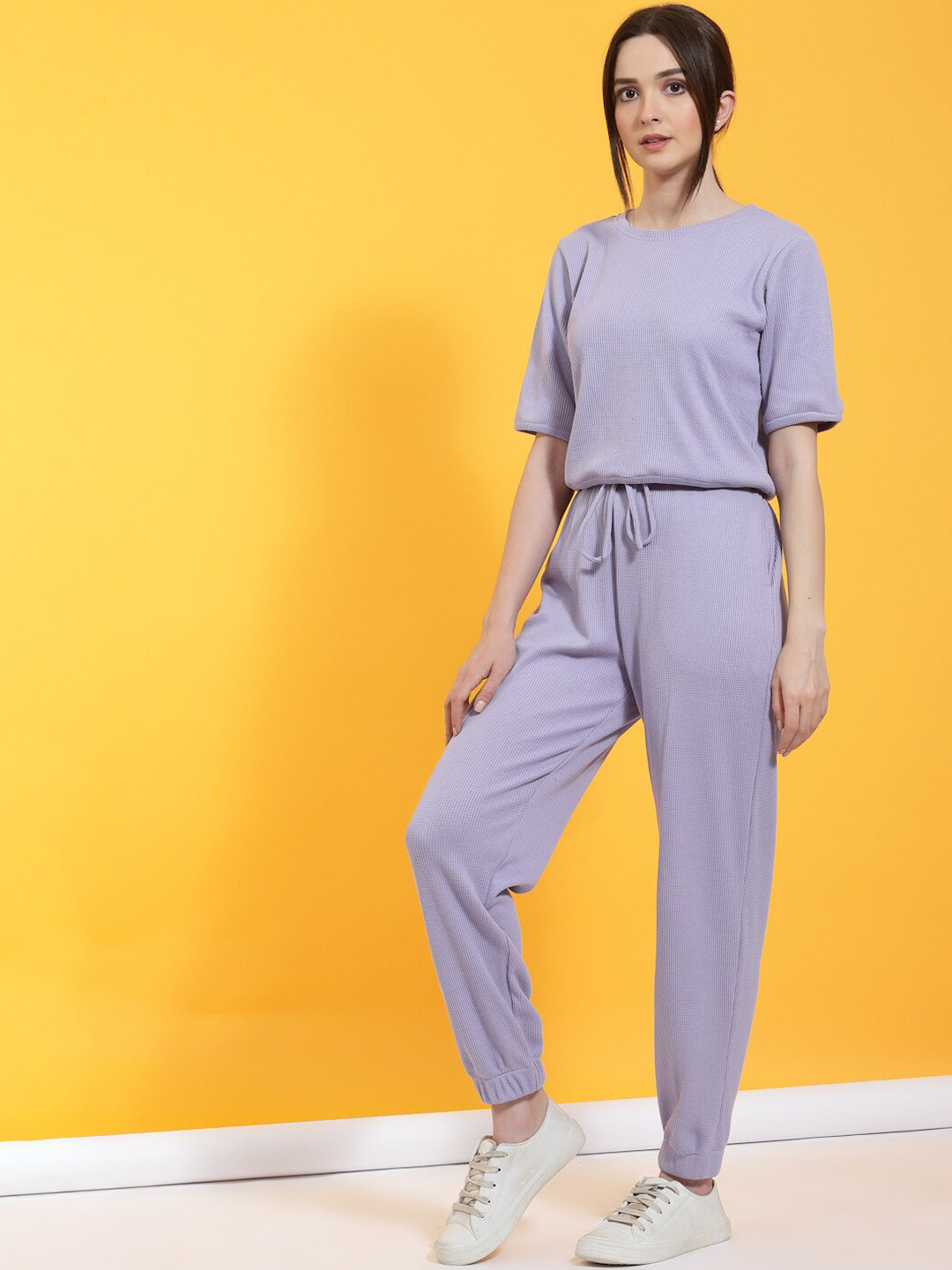 Rigo Self-Textured Pure Cotton Waffle Knit Top Joggers Co-ord Set