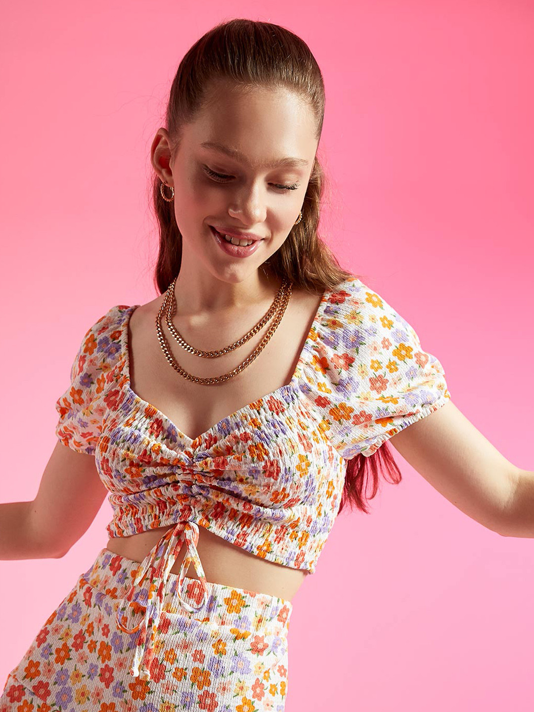DeFacto Floral Printed Sweet Heart Neck Smocked Crop Top