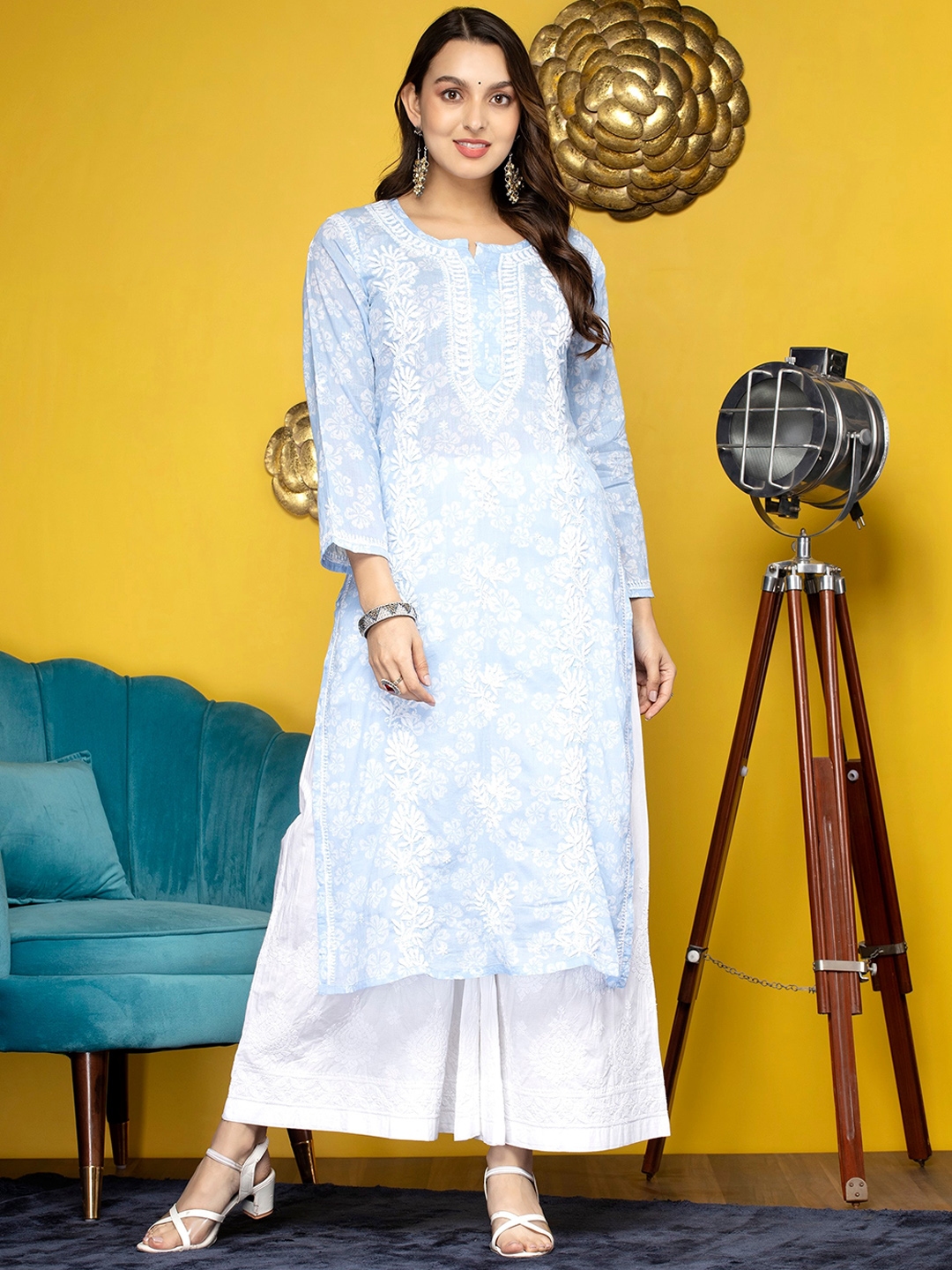 Notch Neck Denim Blue Embroidered Long Kurti