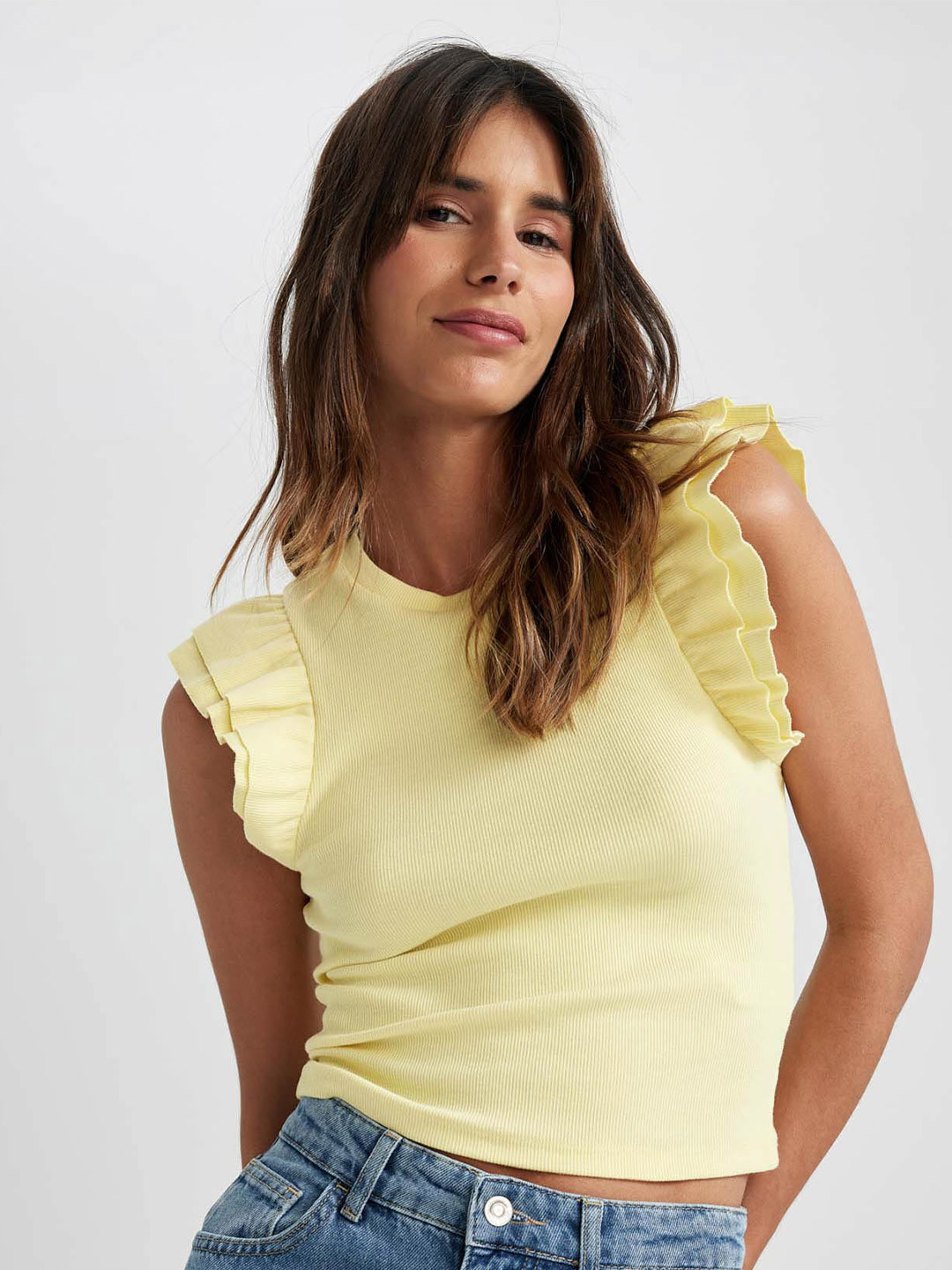 DeFacto Round Neck Flutter Sleeve Ribbed Fitted Top
