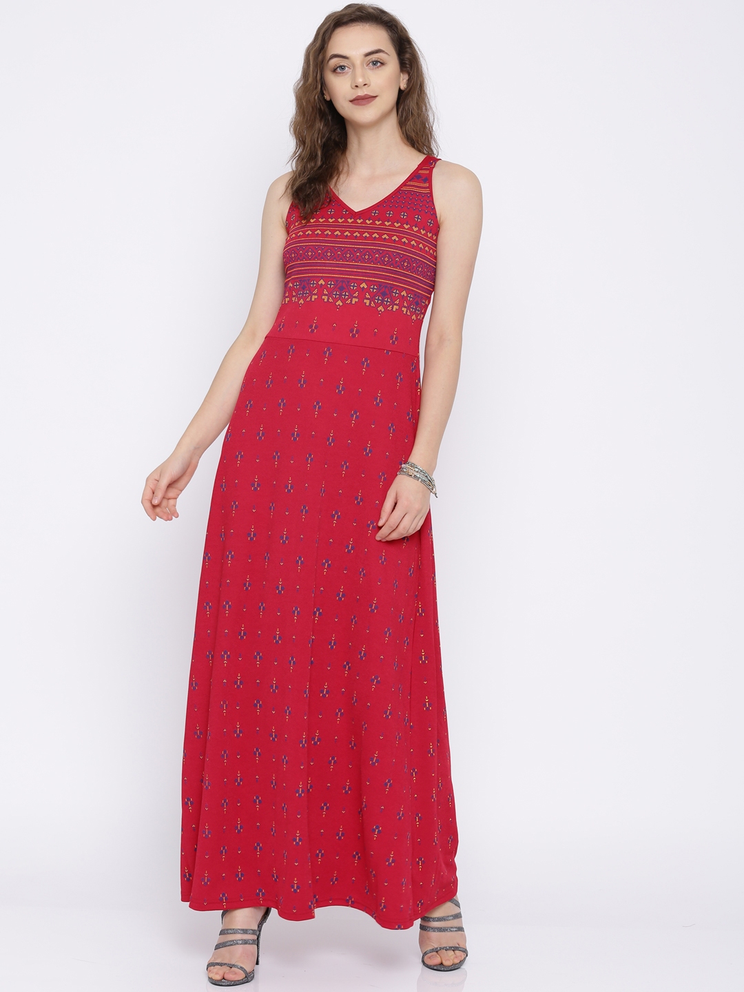 Global Desi Women Maroon Printed Maxi Dress