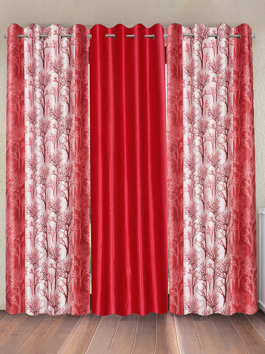 Fashion String Red & White 3 Pieces Tree Printed Long Door Curtain