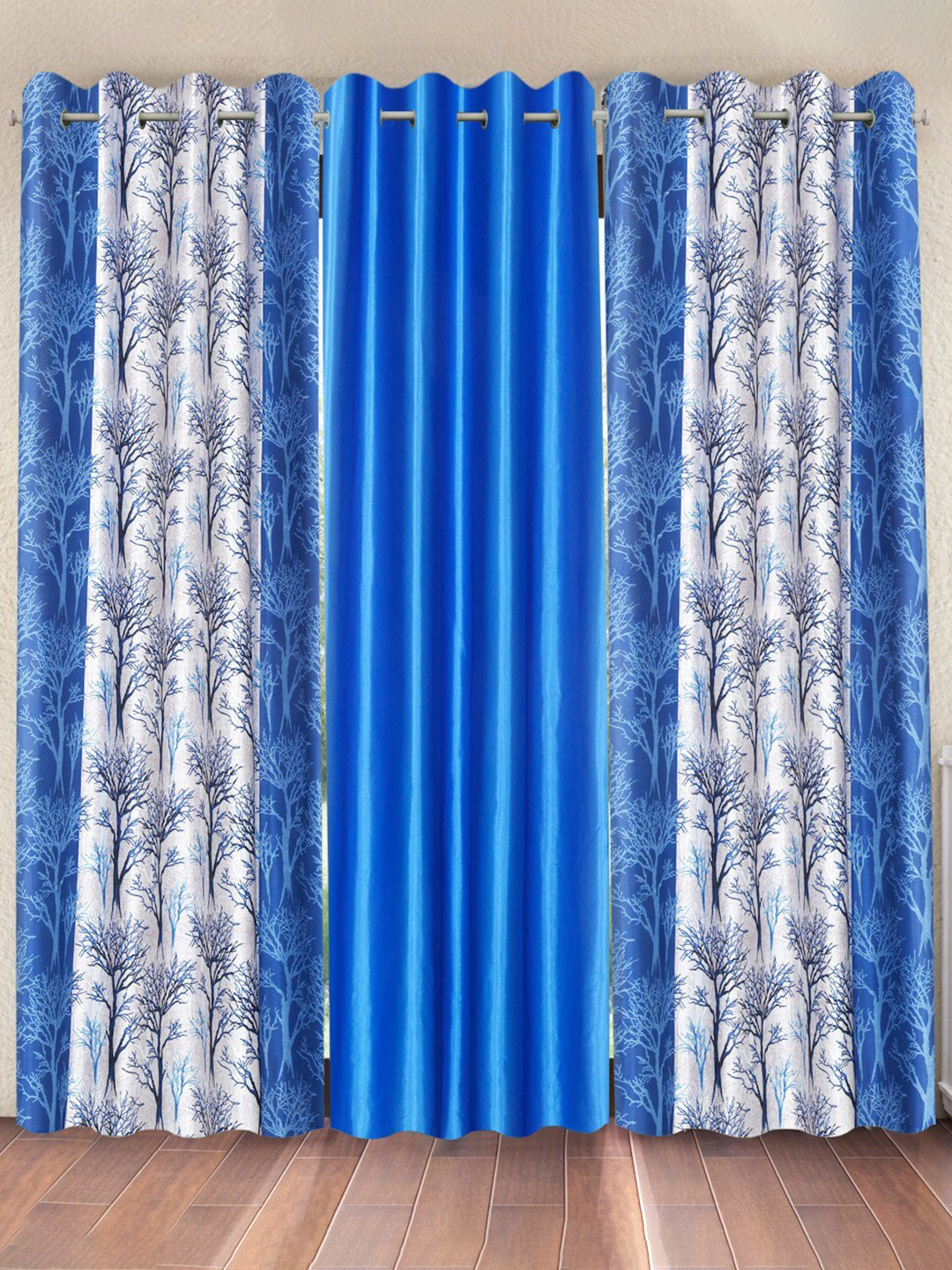 Fashion String Blue & White 3 Pieces Tree Printed Long Door Curtain