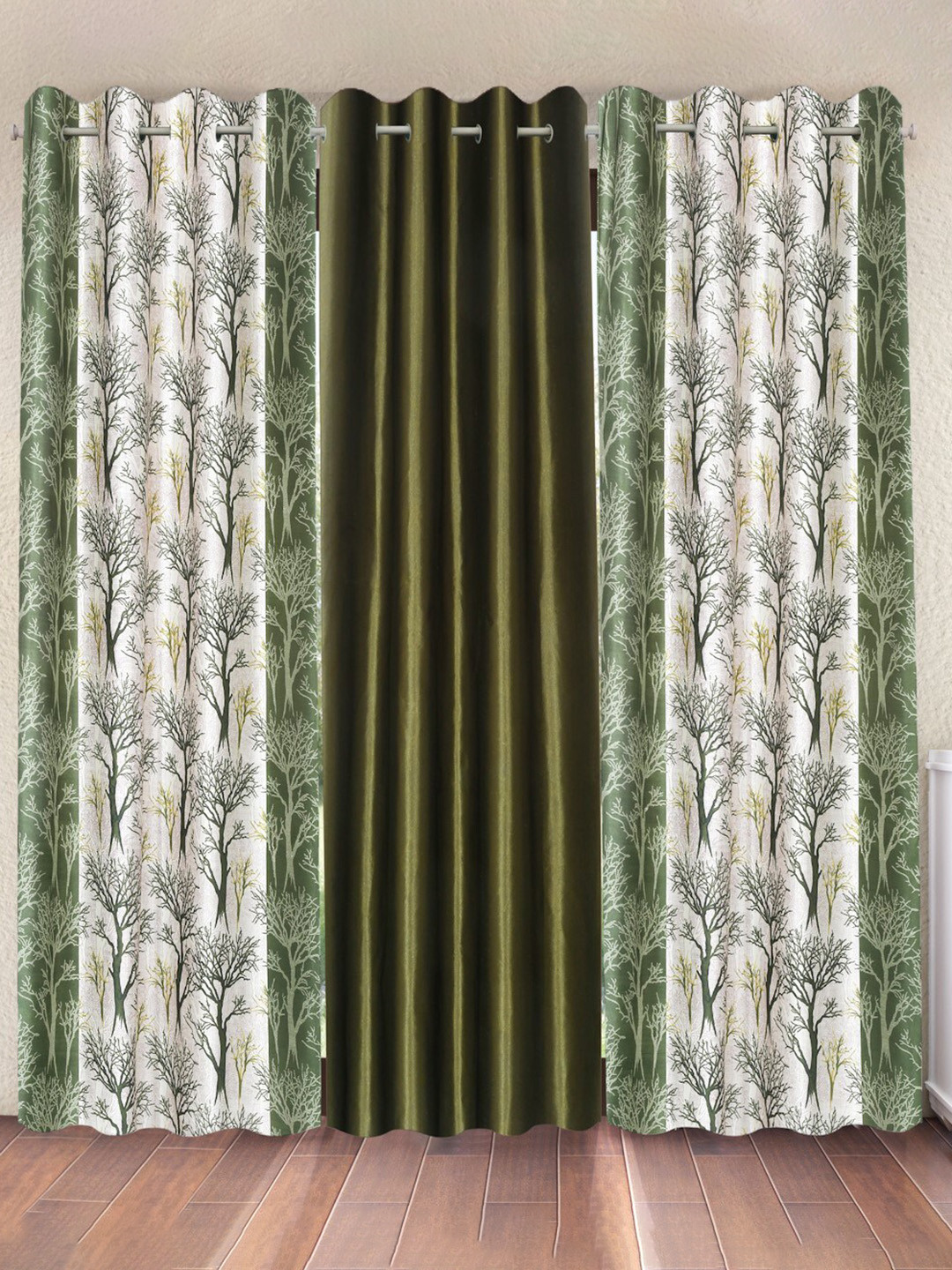 Fashion String Green & White 3 Piece Tree Printed Long Door Curtain