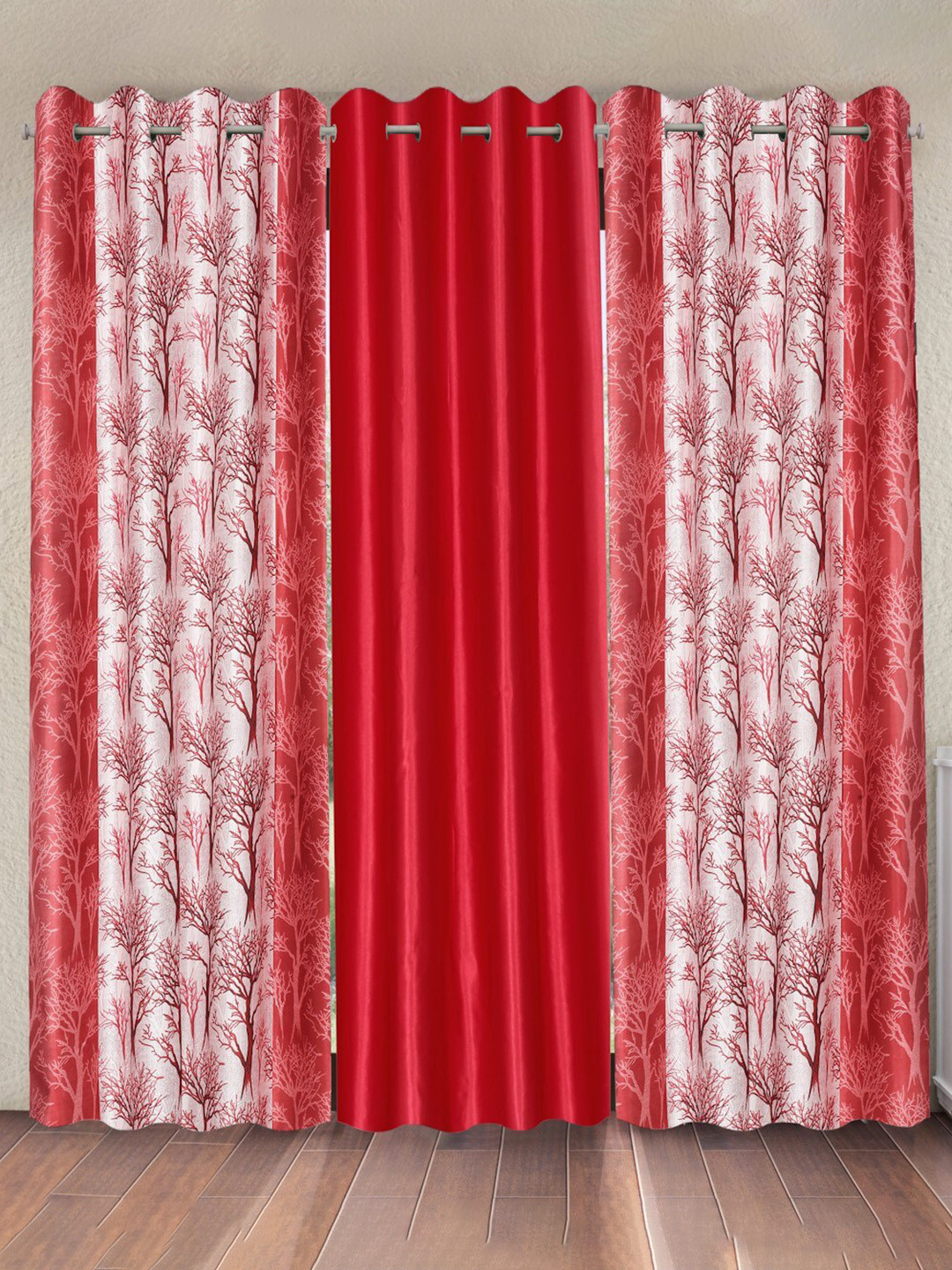 Fashion String Red & White 3 Piece Tree Printed Window Curtain