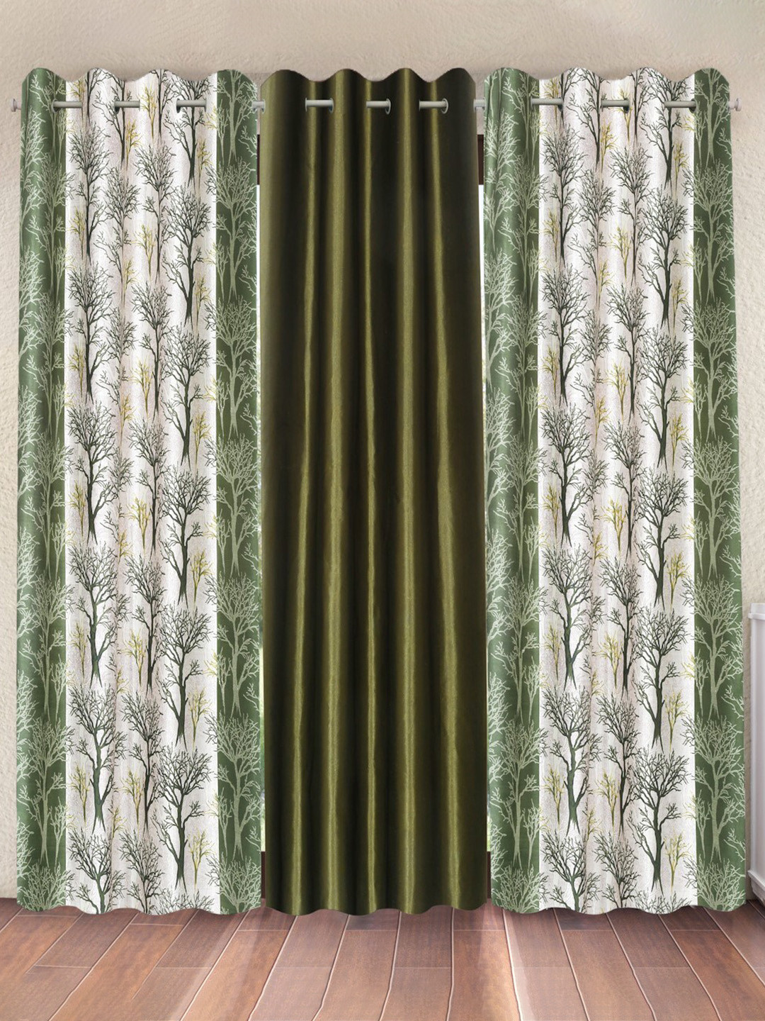 Fashion String Green & White 3 Piece Tree Printed Window Curtain