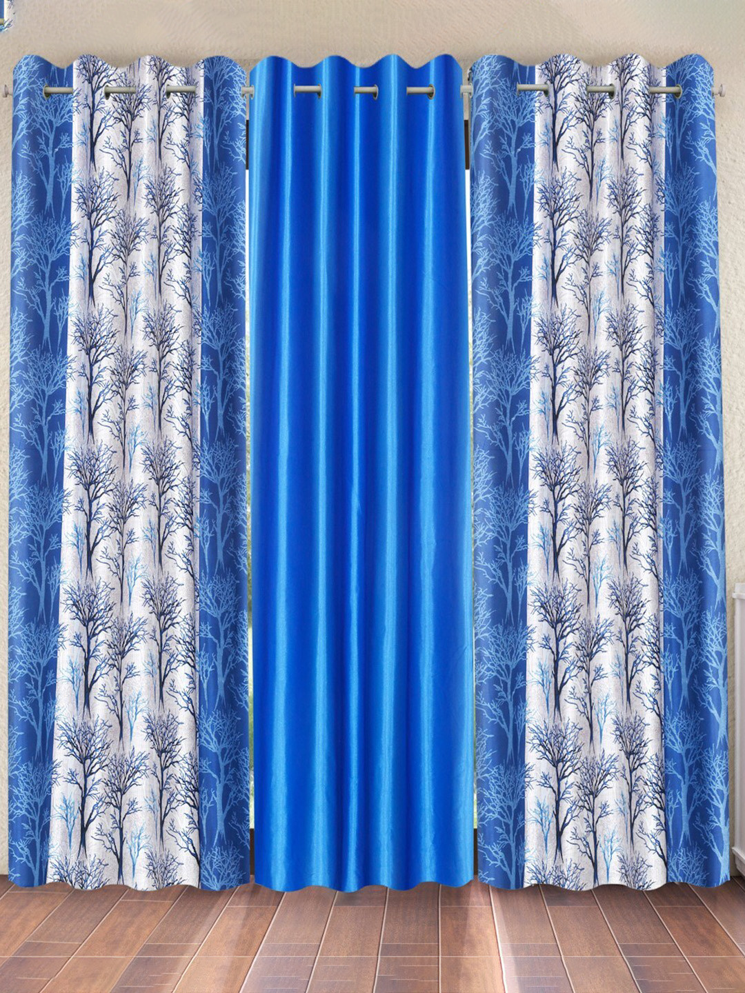 Fashion String Blue & White 3 Pieces Tree Printed Window Curtain