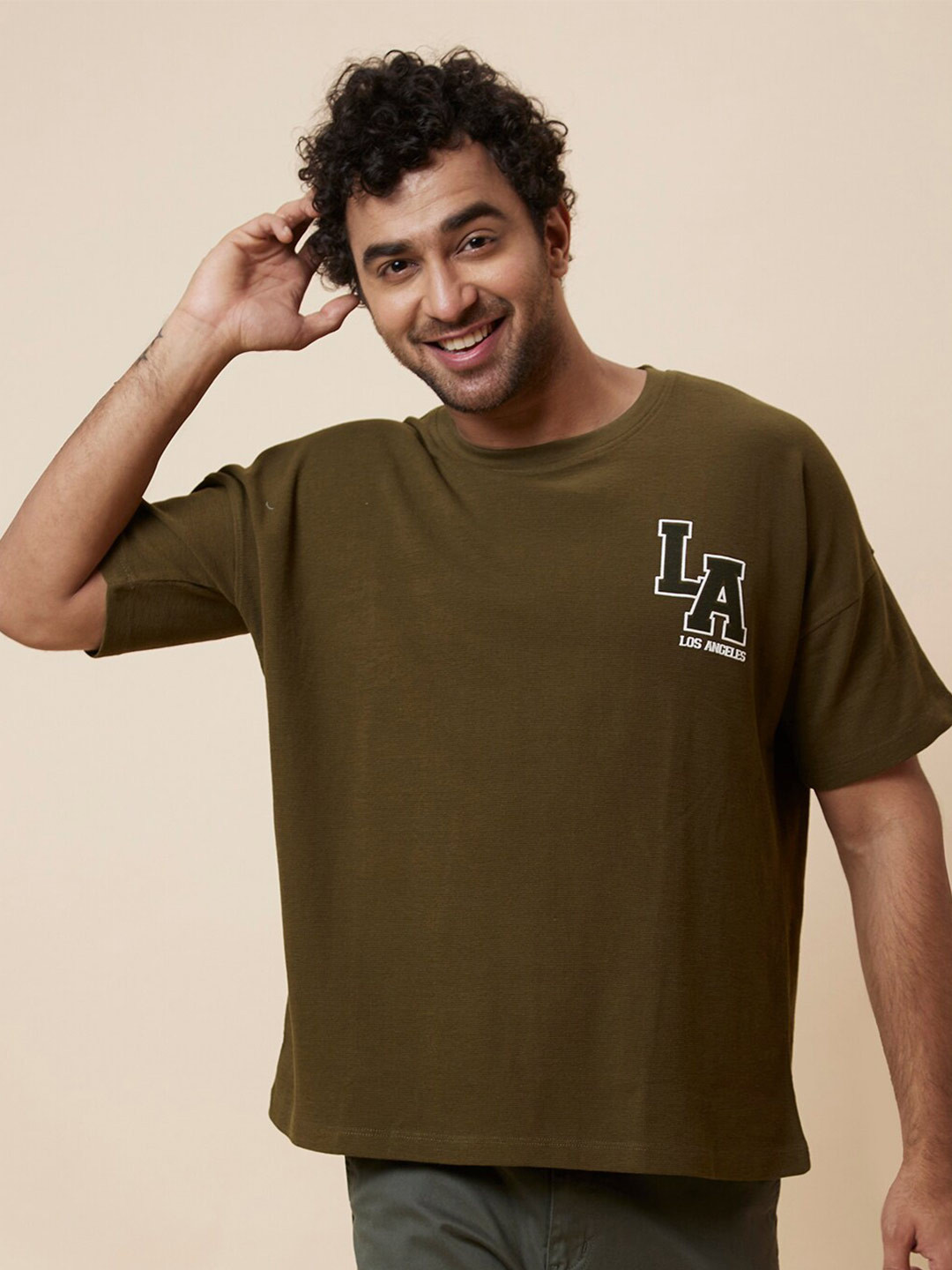 Globus Olive Green Drop Shoulder Pure Cotton T-shirt