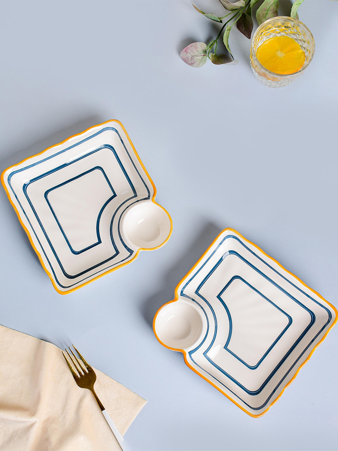 Nestasia White and Blue 2 Pieces Nitori Ceramic Chip And Dip Plates