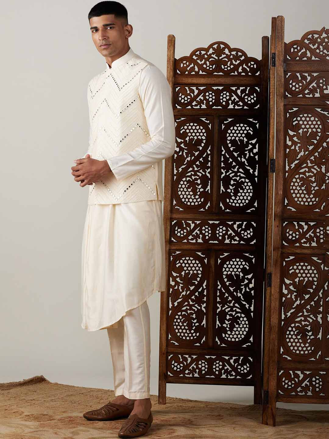 VASTRAMAY Angrakha Kurta With Pyjamas & Mirror Work Jacket