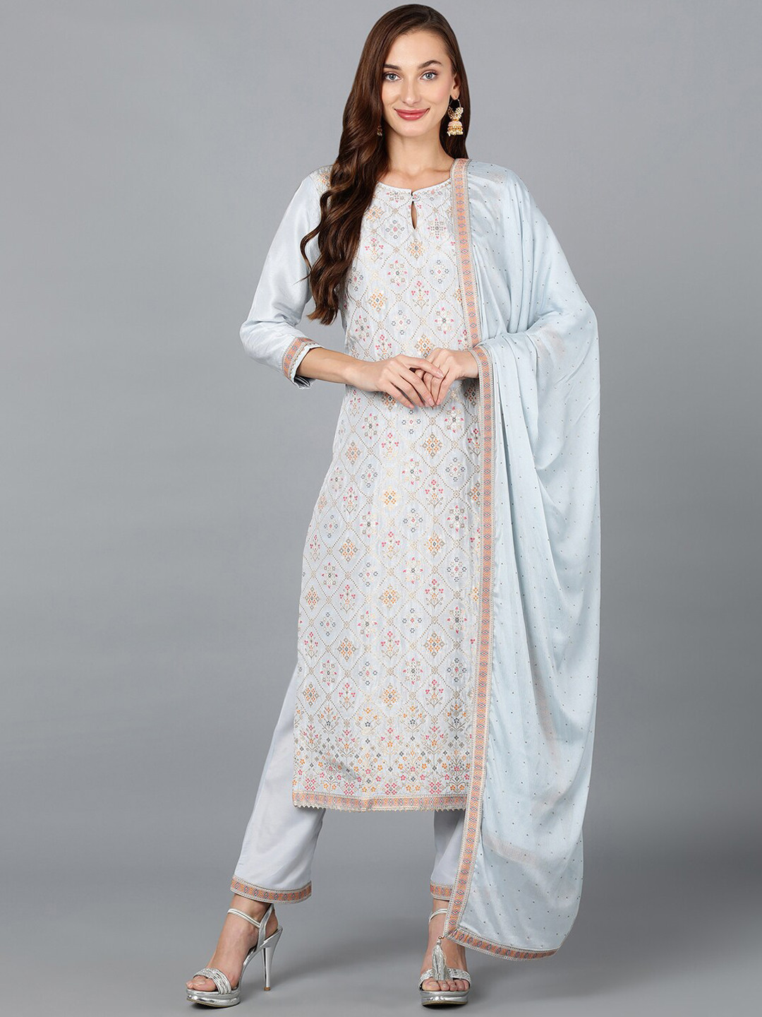 AHIKA Light Blue Ethnic Motifs Woven Design Keyhole Neck Kurta with Trousers & Dupatta