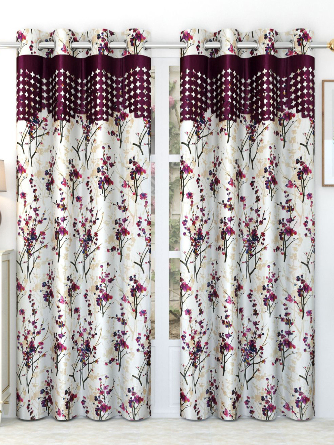 Bajo's White & Burgundy 2 Pieces Floral Door Curtain