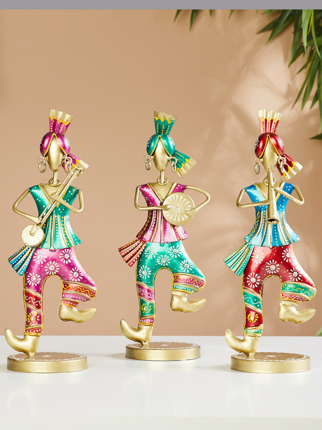 Home Centre Dancing Musicians Beige Metal Metallic Living Room Music Set of 3 Large Showpieces - 5.3 Inches