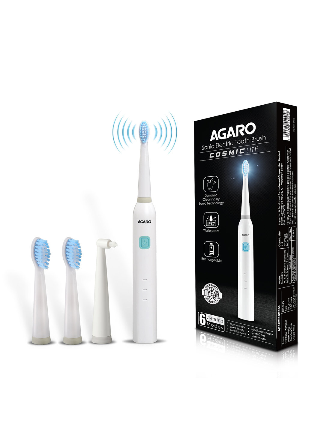Agaro Cosmic Lite Sonic Rechargeable IPX7 Waterproof Electric Tooth Brush - White