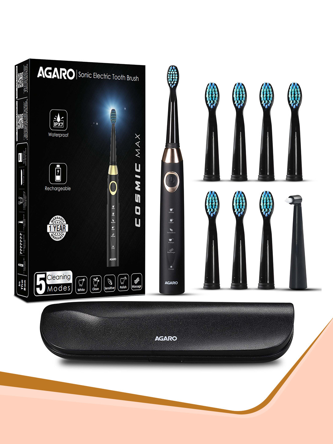 Agaro COSMIC PLUS MAX Sonic Electric Tooth Brush with 5 Modes - Black