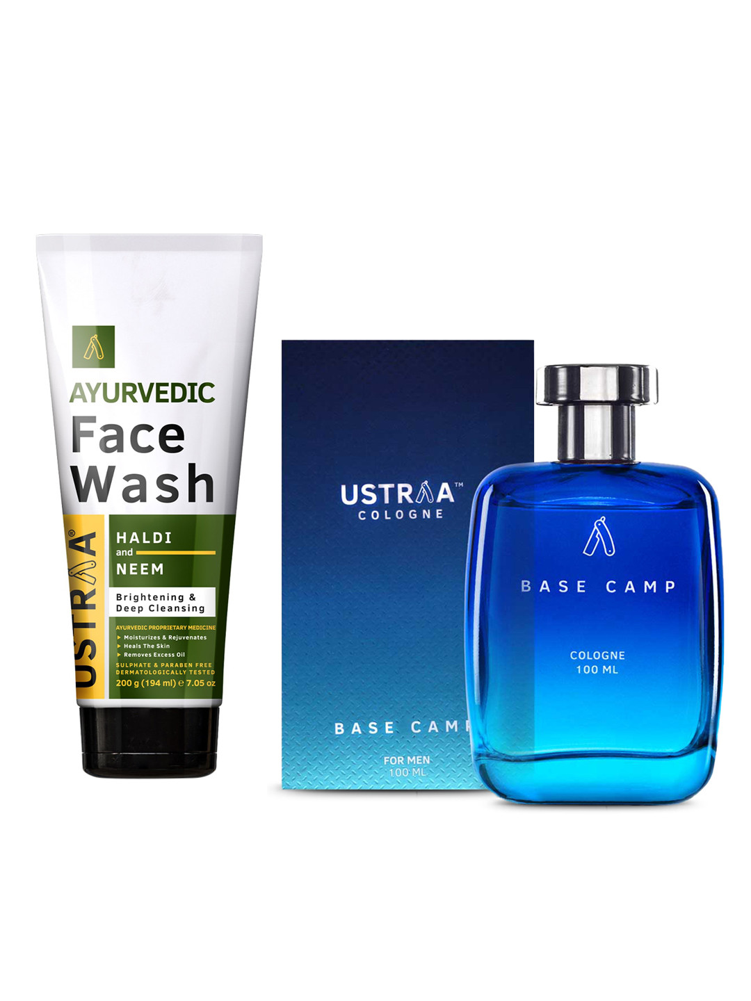 Ustraa Men Set of Base Camp Cologne 100 ml & Ayurvedic Haldi & Neem Face Wash 200 g