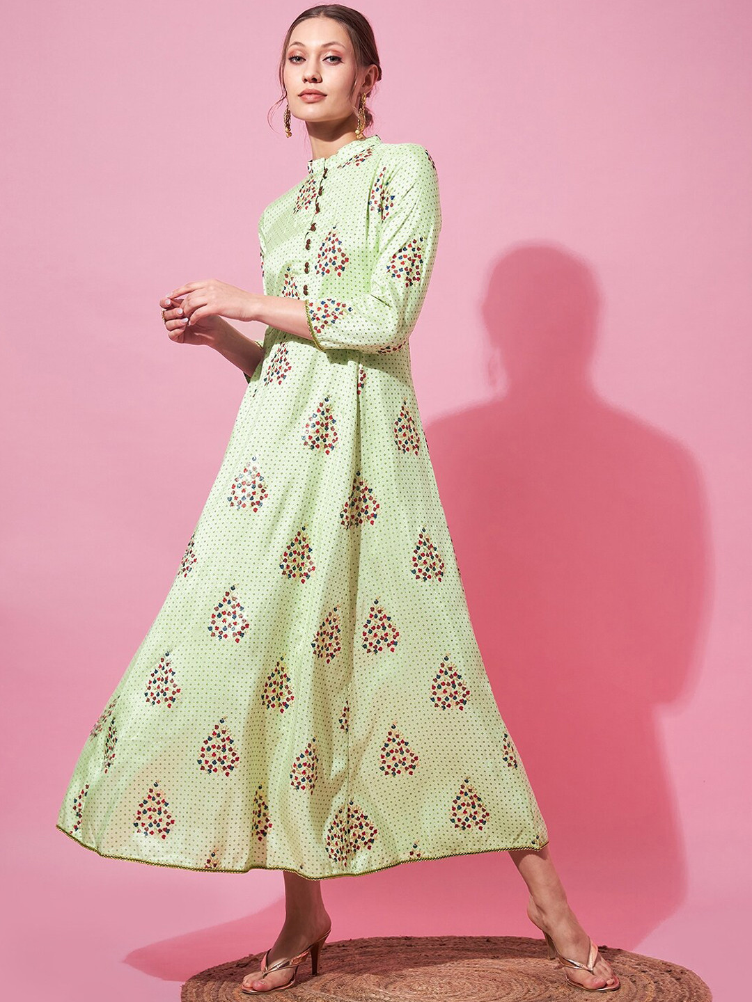 indo street Printed Mandarin Collar A-Line Ethnic Dress