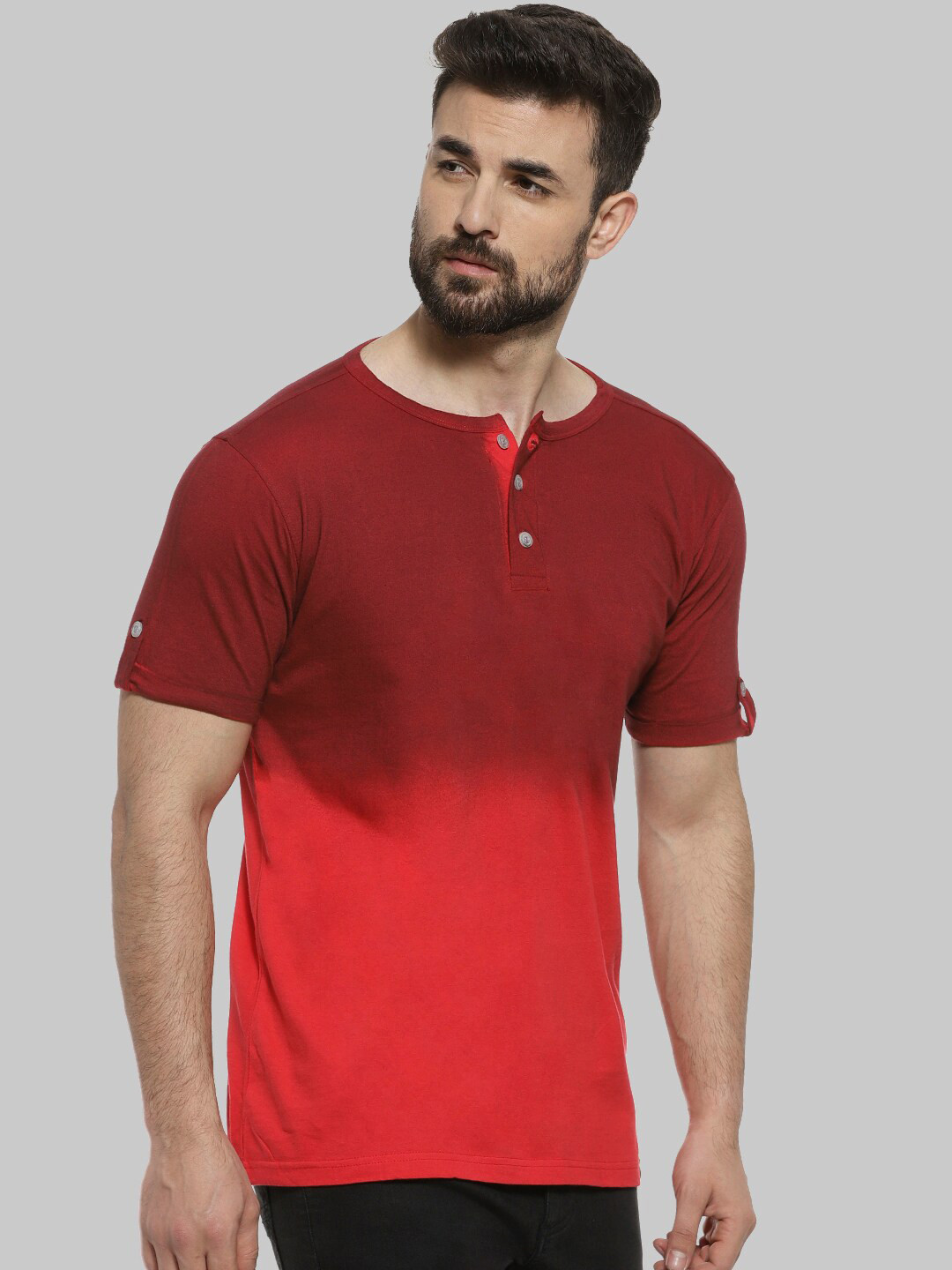 CAHOOT Maroon Henley Neck Short Sleeves Casual Cotton T-shirt