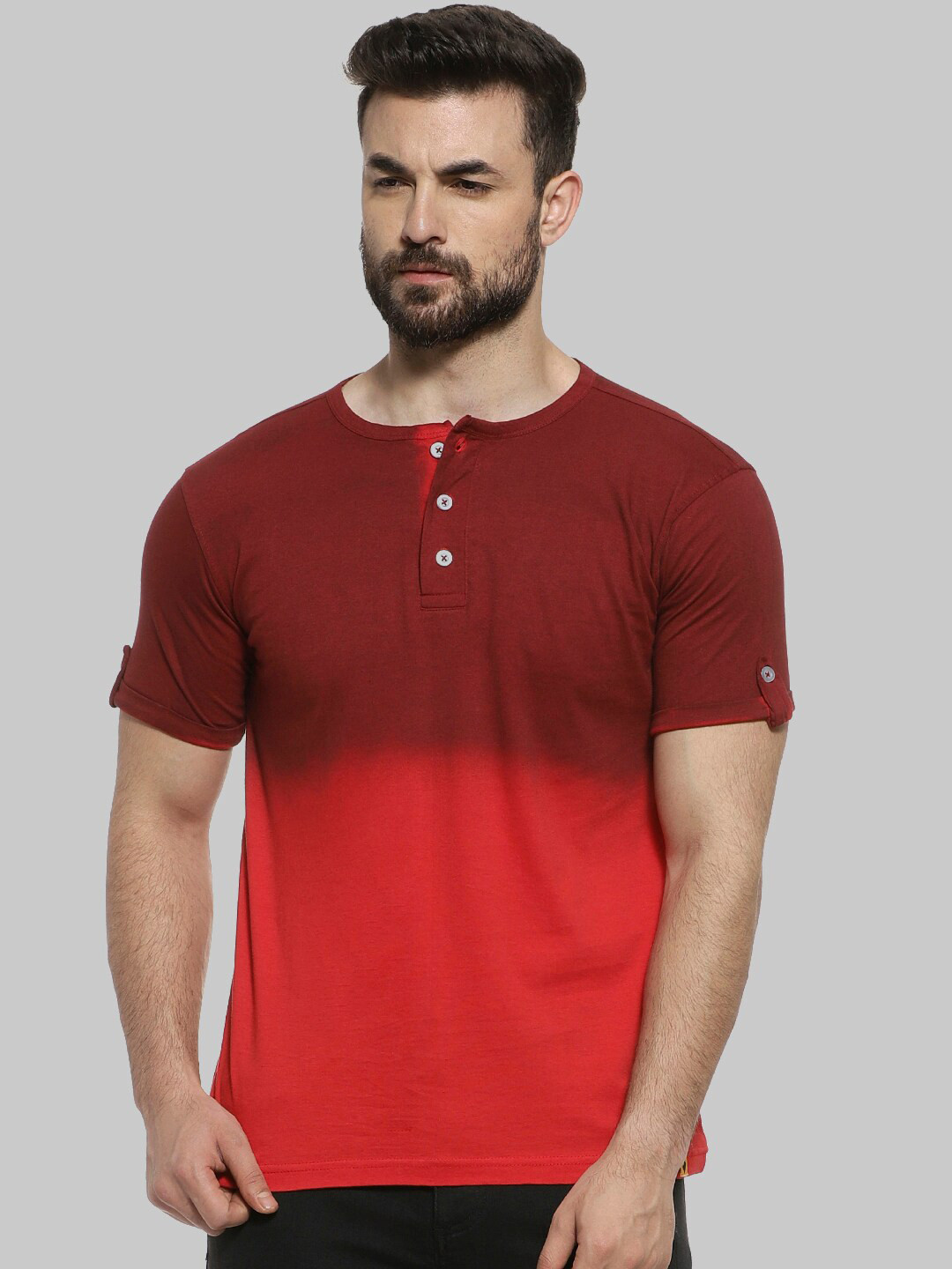 CAHOOT Maroon Henley Neck Short Sleeves Casual Cotton T-shirt