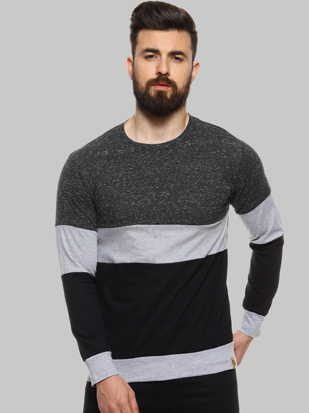 CAHOOT Charcoal Colourblocked Round Neck Long Sleeves Casual Cotton T-shirt