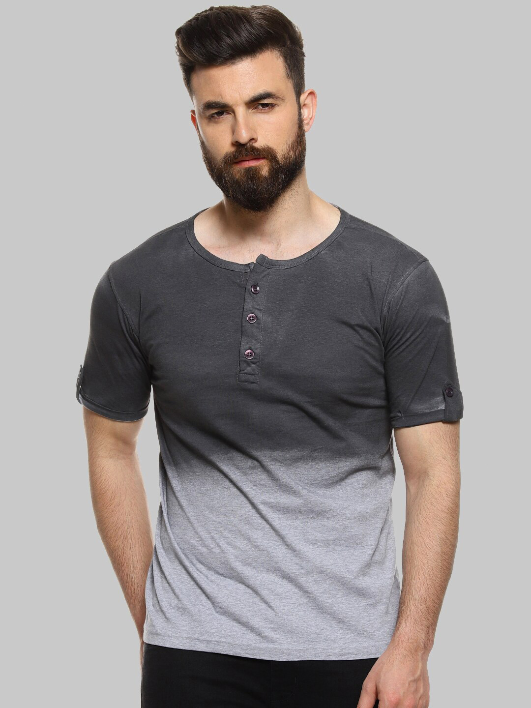 Campus Sutra Charcoal Henley Neck Short Sleeves Casual Cotton T-shirt